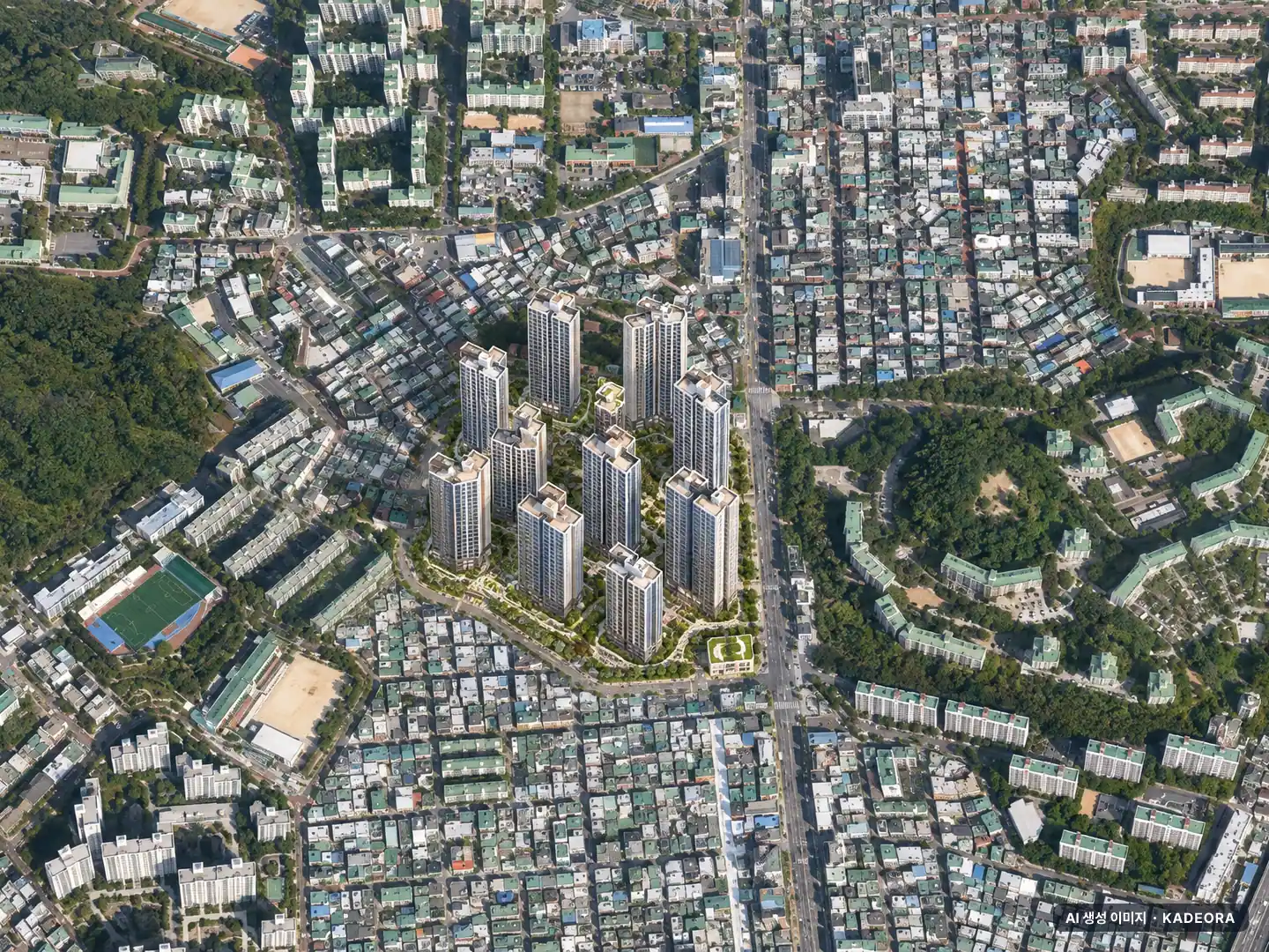 부산 수영구 망미5 재개발 총 1,791세대 기준 AI 상상도(주간 항공) — 실제와 다를 수 있음