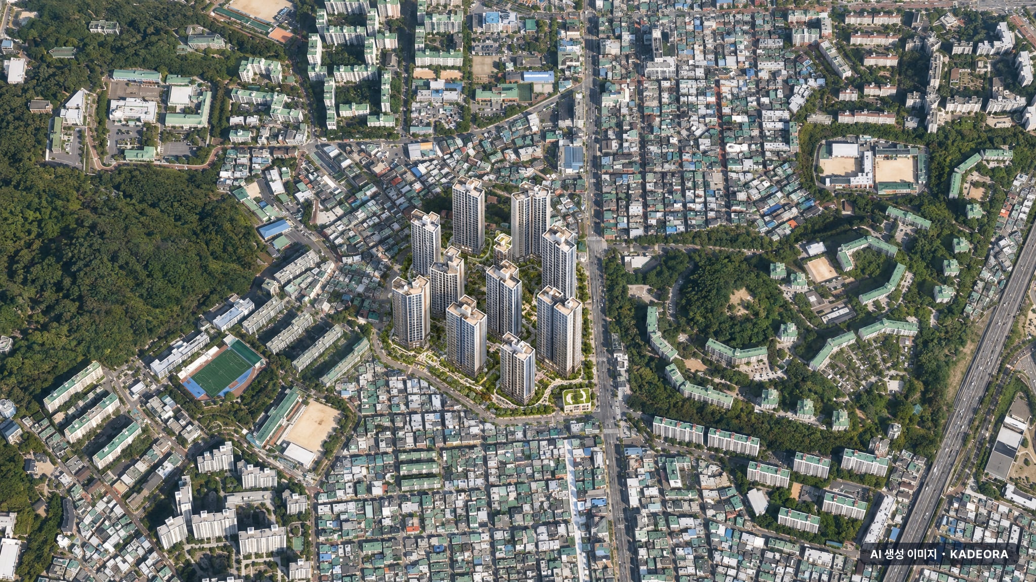 부산 수영구 망미5 재개발 단지 전경 AI 상상도(주간 항공) — 부산 수영구 조합설립 1,791세대
