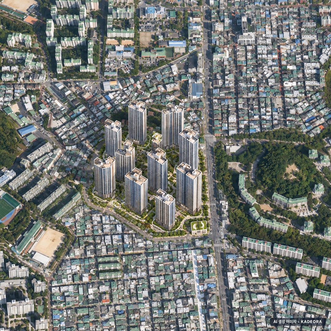 부산 수영구 망미5 재개발 조감도 AI 상상도(주간 항공) — 부산 수영구 조합설립 1,791세대