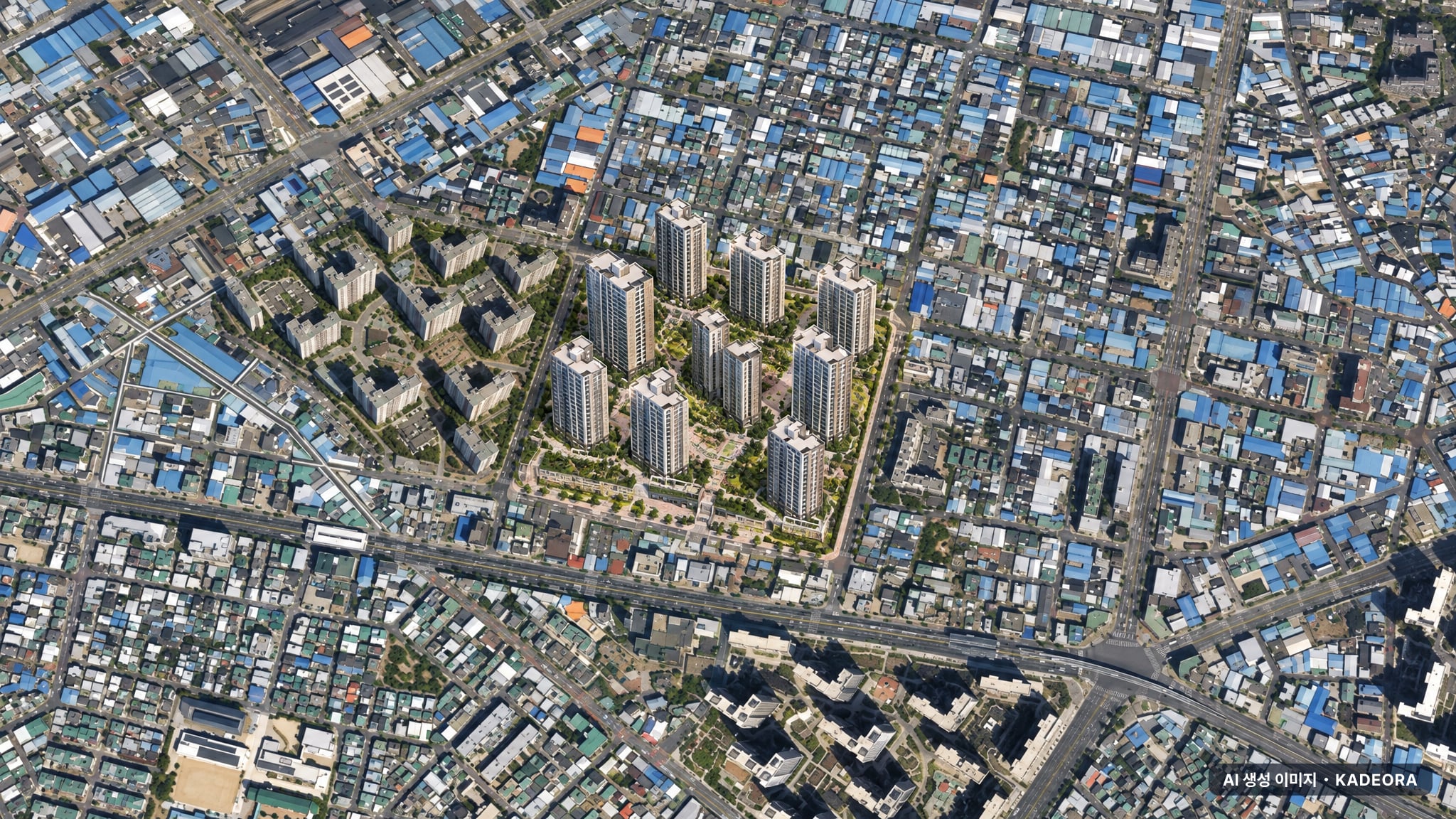 대구 노원2동 주택재개발 단지 전경 AI 상상도(주간 항공) — 대구 북구 분양 예고 1,558세대