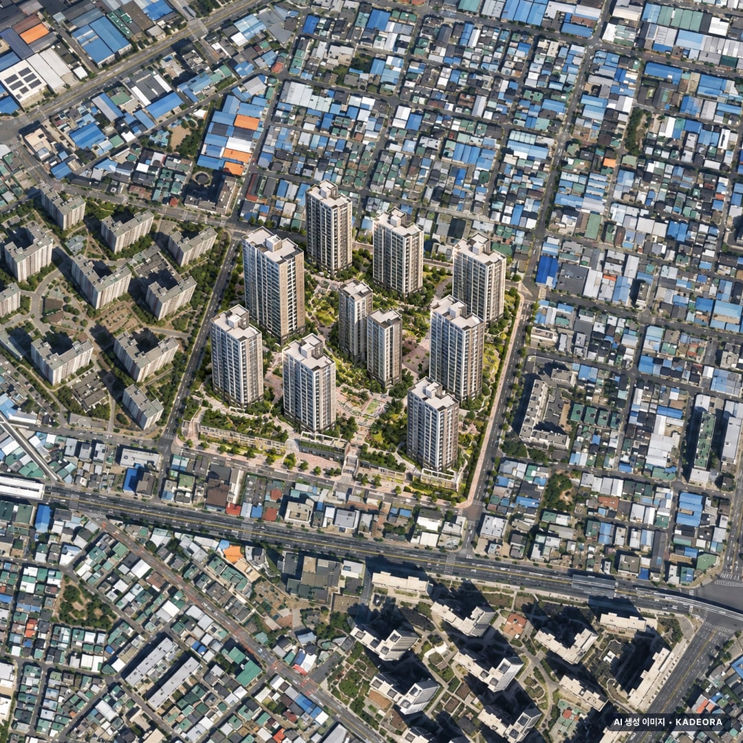 대구 노원2동 주택재개발 조감도 AI 상상도(주간 항공) — 대구 북구 분양 예고 1,558세대