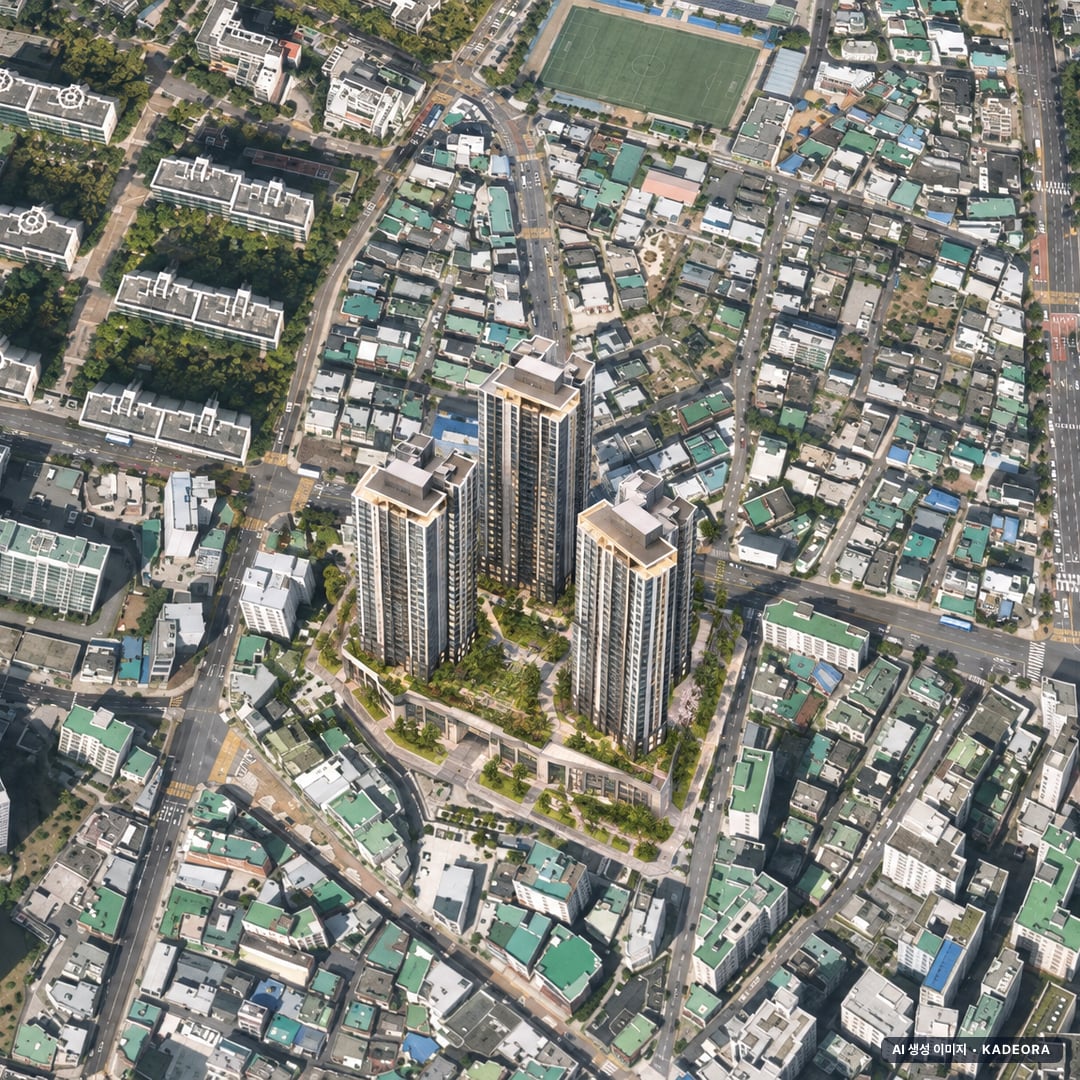 금정산 하늘채 루미엘 단지 전경 AI 상상도(주간 항공) — 부산 장전동 착공 213세대