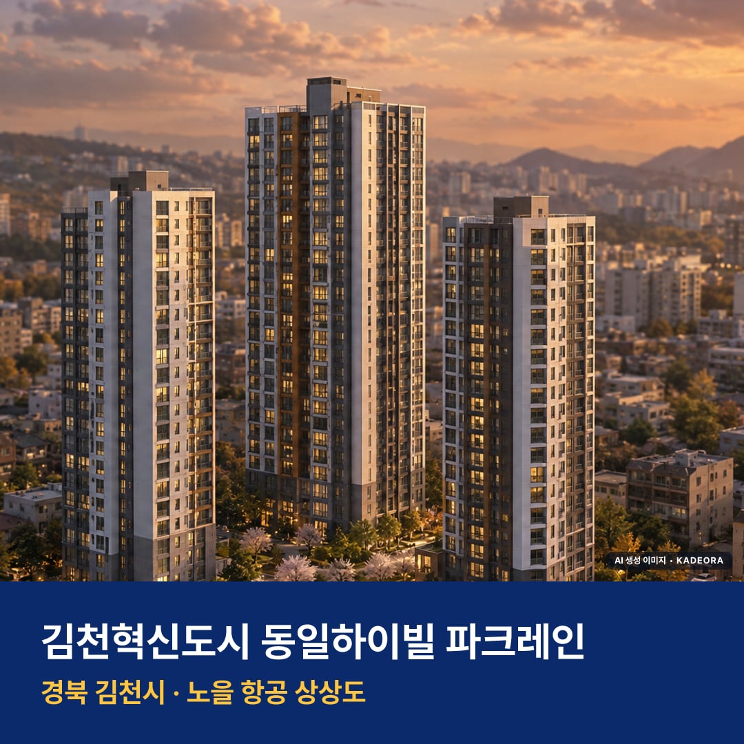 김천혁신도시 동일하이빌 파크레인 분양가 김천혁신도시 동일하이빌 파크레인 단지 전경 AI 상상도 — 김천시 율곡동 349세대 — AI 생성 상상도 · 실제와 다를 수 있음