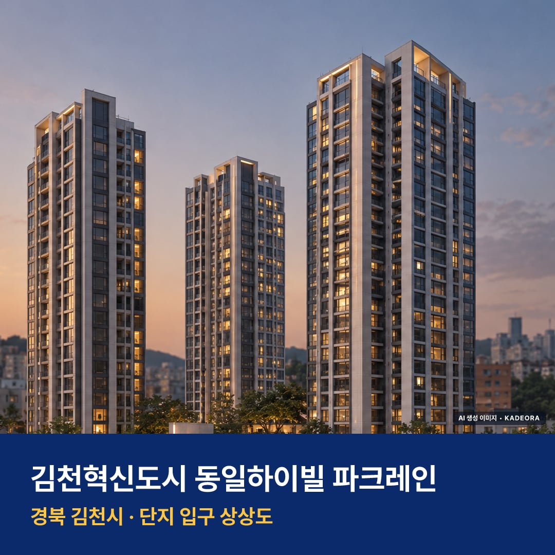 김천혁신도시 동일하이빌 파크레인 분양가 김천혁신도시 동일하이빌 파크레인 단지 전경 AI 상상도 — 김천시 율곡동 349세대 — AI 생성 상상도 · 실제와 다를 수 있음