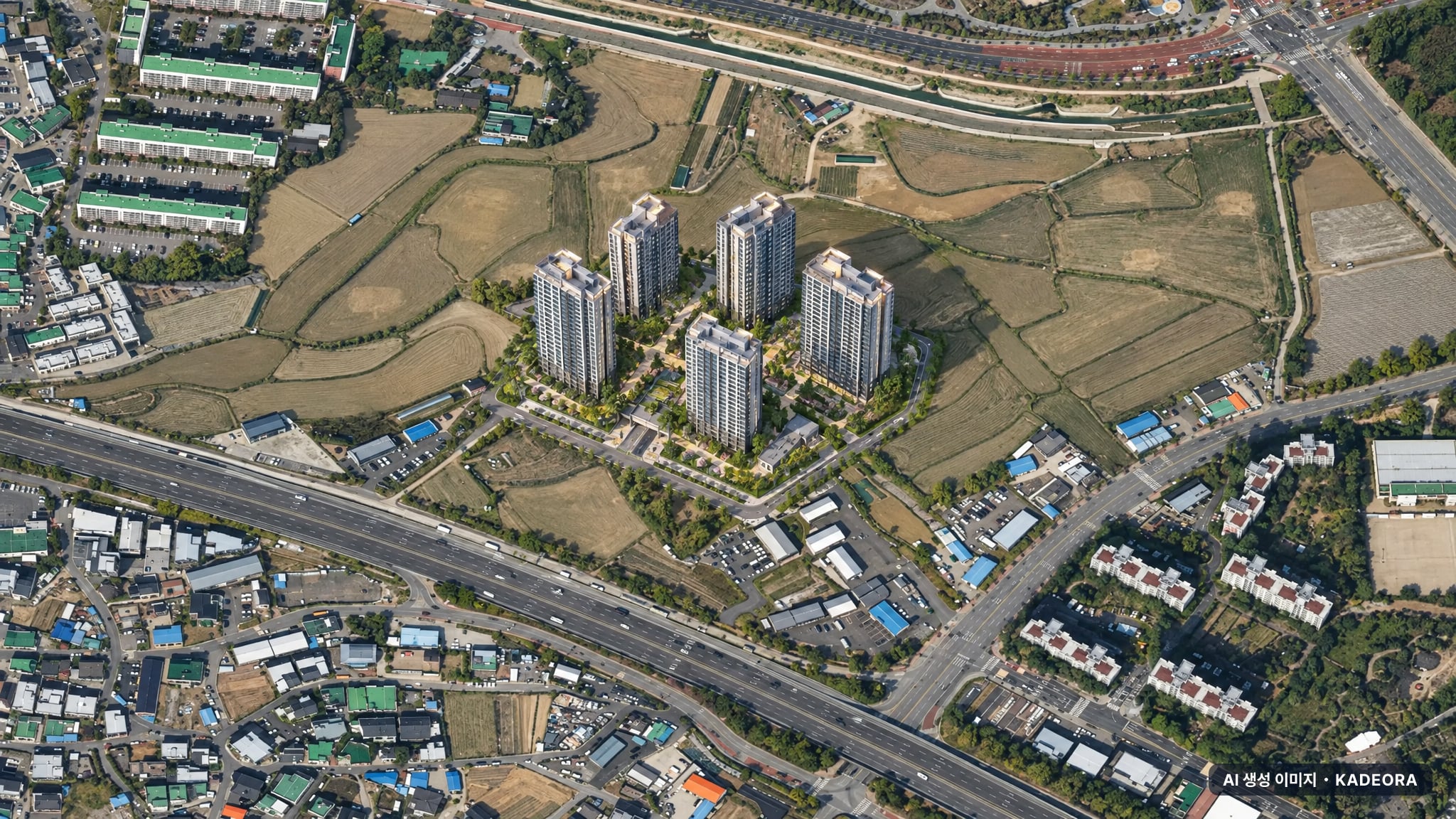 오산헤리티지자이 2단지 단지 전경 AI 상상도(주간 항공) — 경기 오산시 착공 714세대