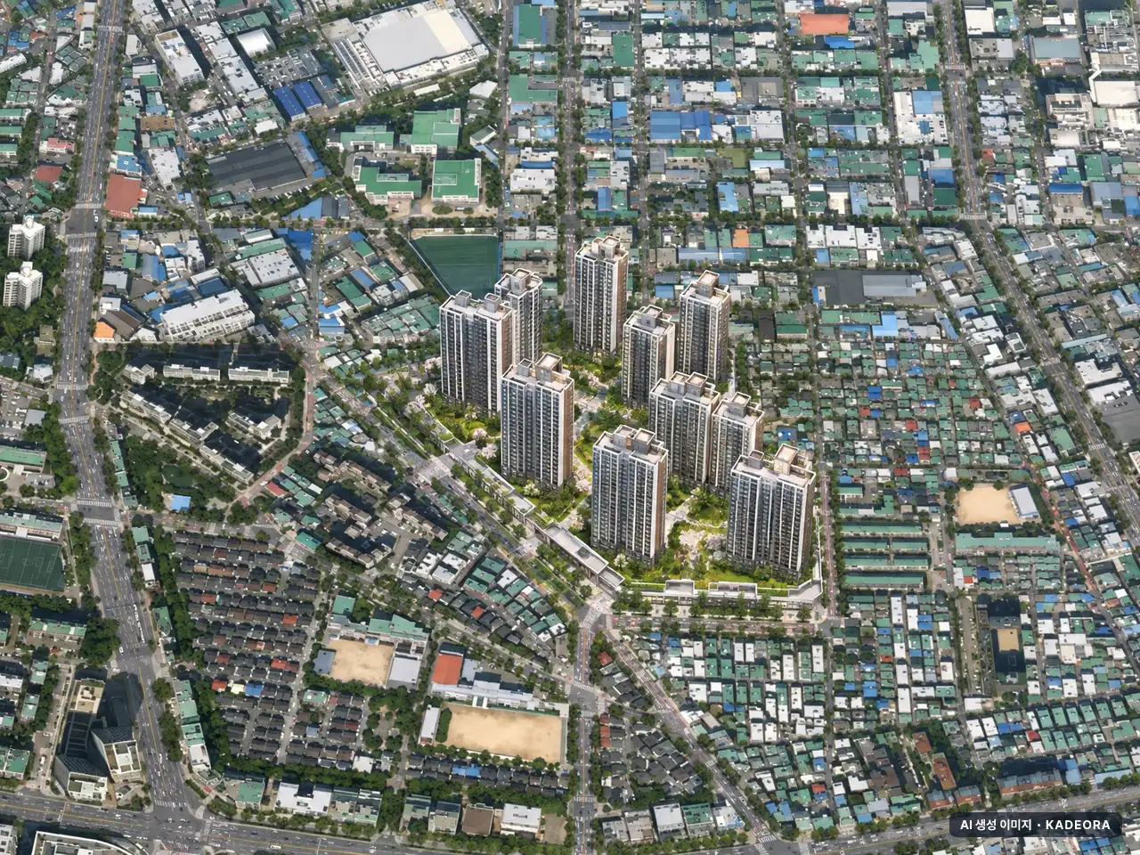 부천시 도당1-1 총 2,197세대 기준 AI 상상도(주간 항공) — 실제와 다를 수 있음