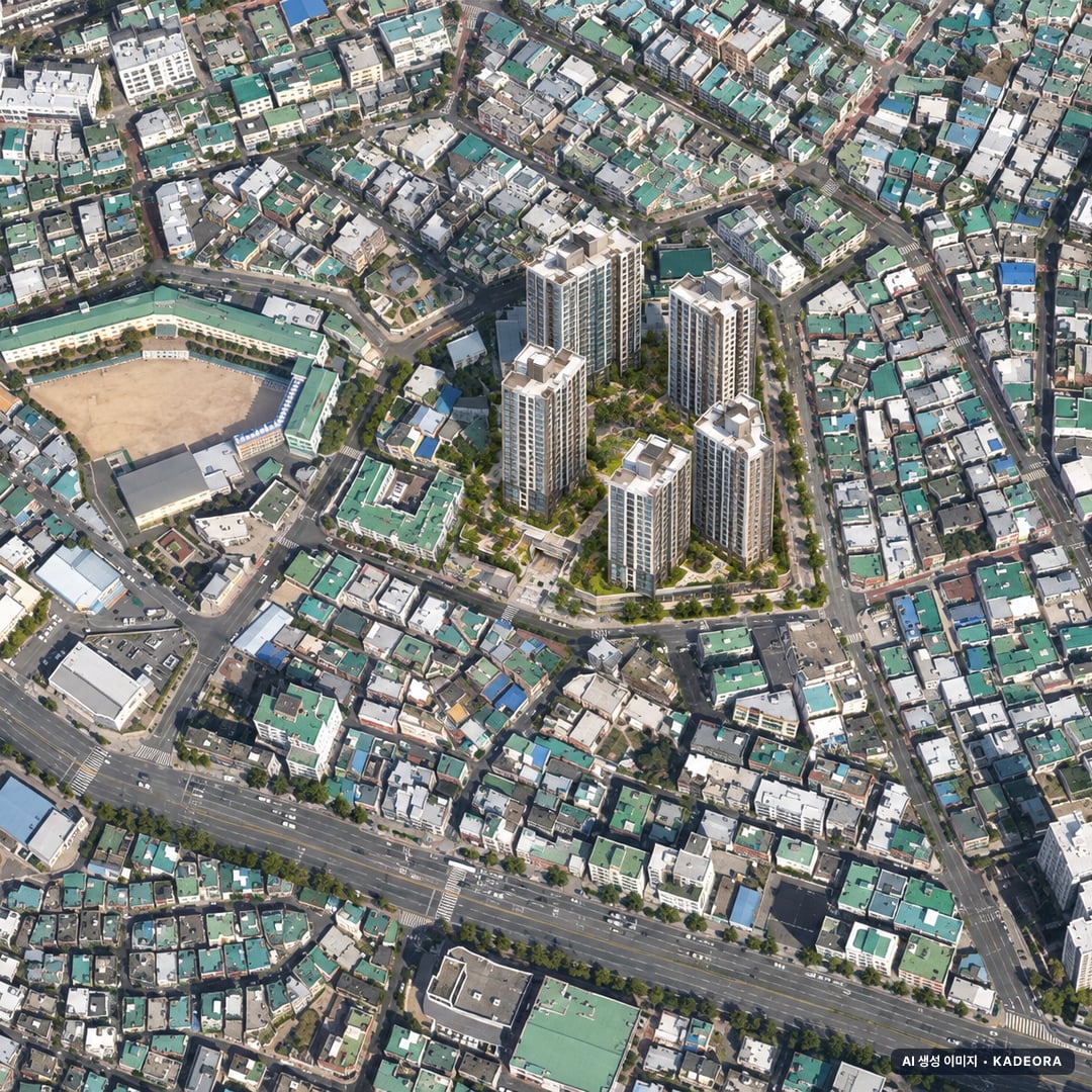 부산 사하구 당리5 재개발 조감도 AI 상상도(주간 항공) — 부산 사하구 부지계획 519세대