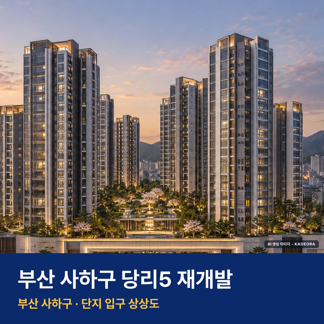 당리5 재개발 당리5 재개발 단지 전경 AI 상상도 — 사하구 당리동 519세대 — AI 생성 상상도 · 실제와 다를 수 있음