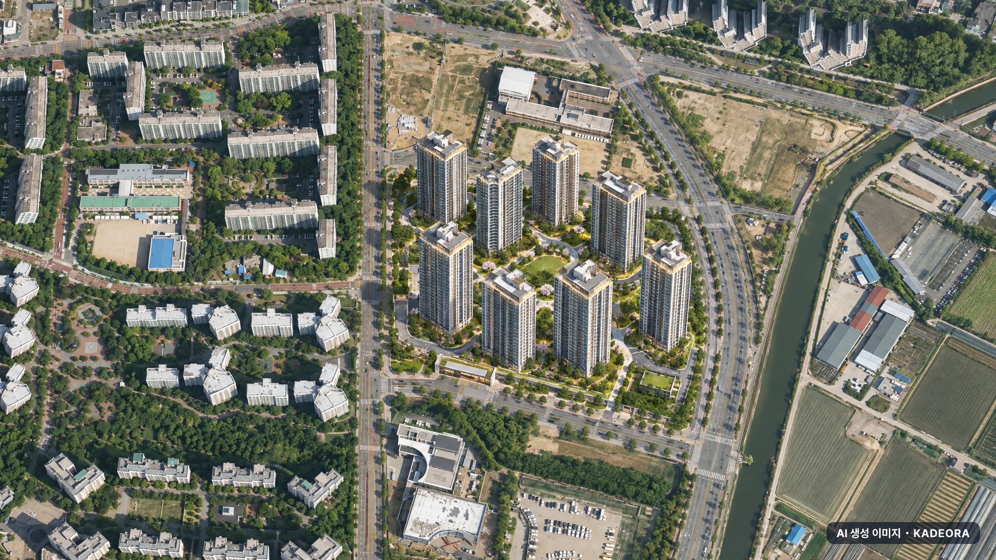 해링턴플레이스 풍무(1BL) 단지 전경 AI 상상도(주간 항공) — 경기 김포시 착공 670세대