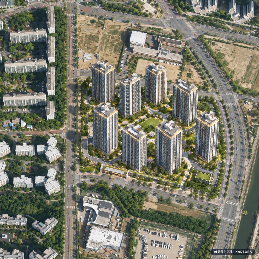 해링턴플레이스 풍무(1BL) 단지 전경 AI 상상도(주간 항공) — 경기 김포시 착공 670세대