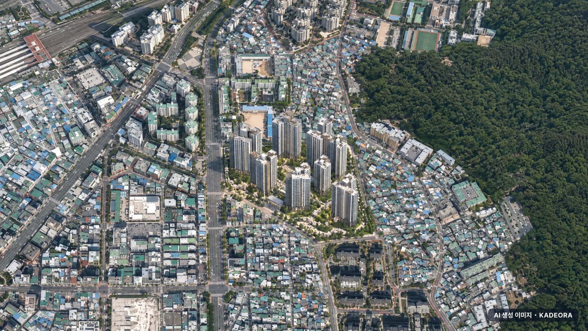 부산진구 전포3 재개발 주간 항공 상상도 · AI 생성 이미지로 실제와 다를 수 있음 부산진구 전포3 재개발 조감도 AI 상상도(주간 항공) — 부산 부산진구 부지계획 1,660세대