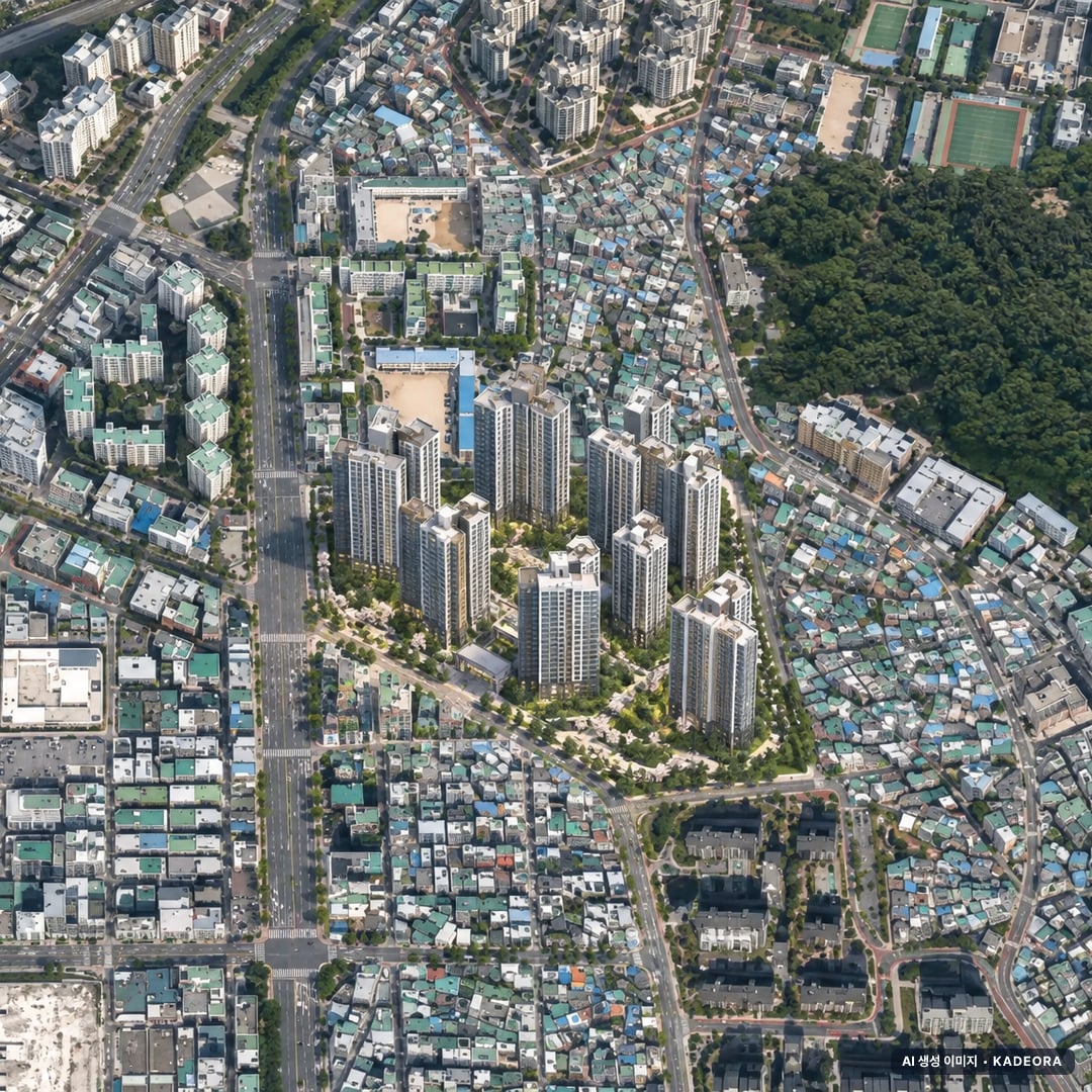 부산진구 전포3 재개발 조감도 AI 상상도(주간 항공) — 부산 부산진구 부지계획 1,660세대