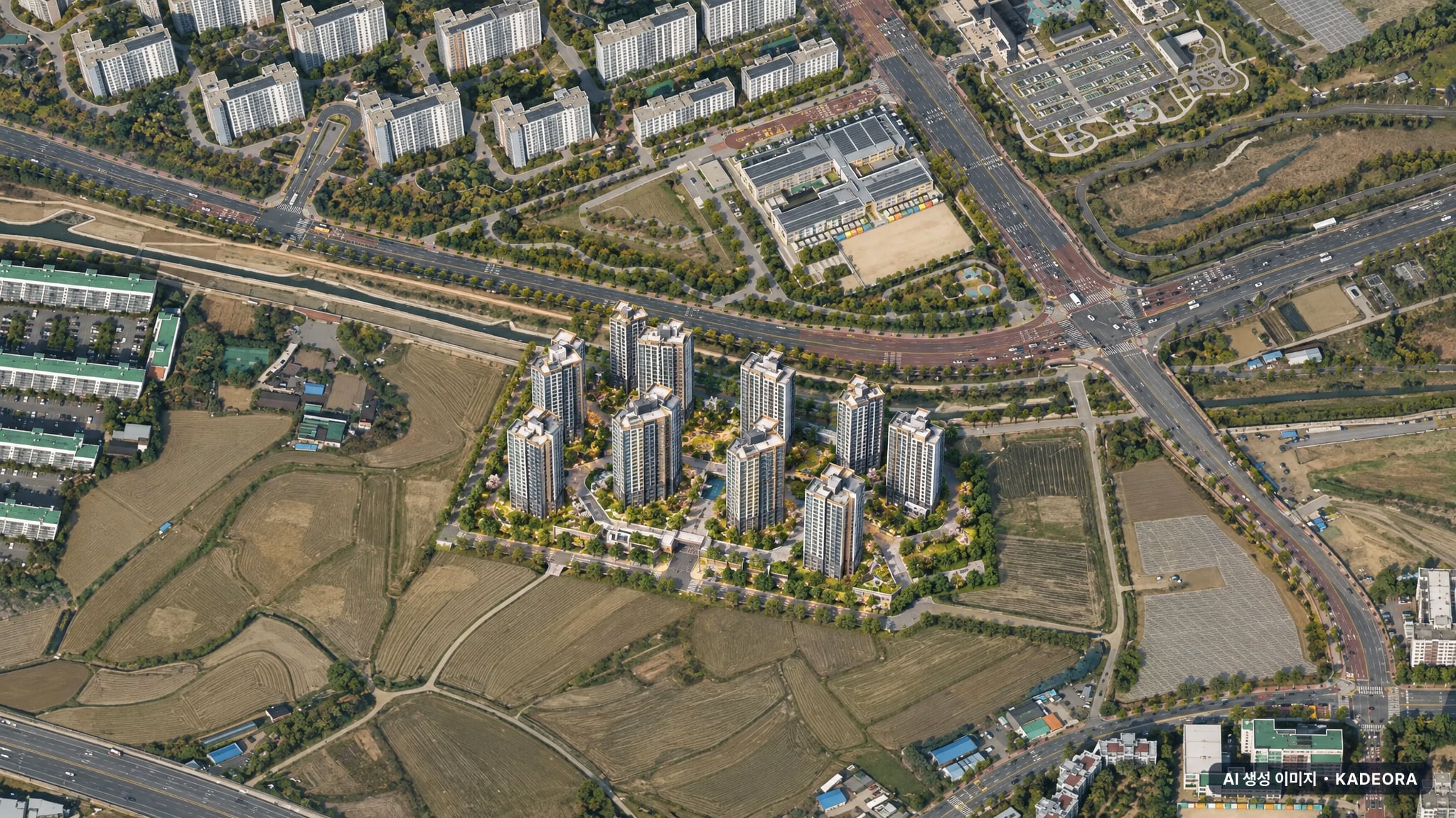 오산헤리티지자이 1단지 단지 전경 AI 상상도(주간 항공) — 경기 오산시 착공 1,069세대