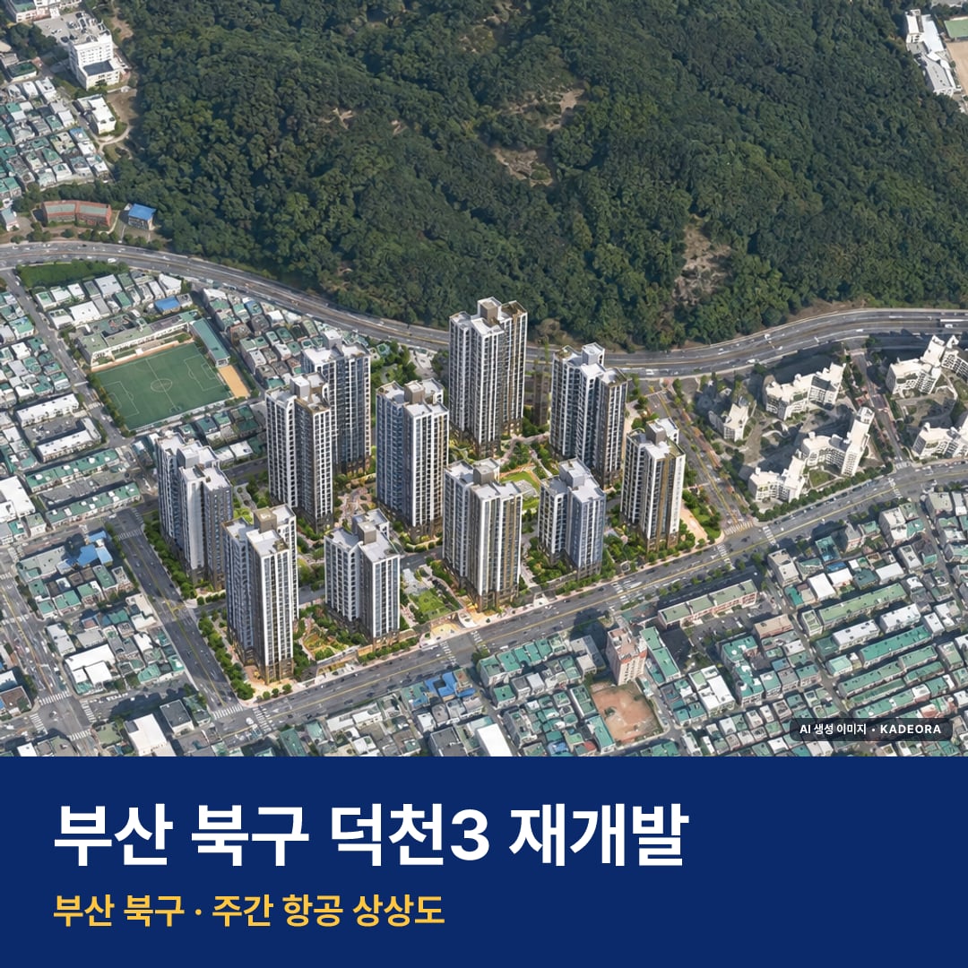상상도 · AI 생성 이미지로 실제와 다를 수 있음 덕천3 재개발 덕천3 재개발 단지 전경 AI 상상도 — 북구 덕천동 1,599세대