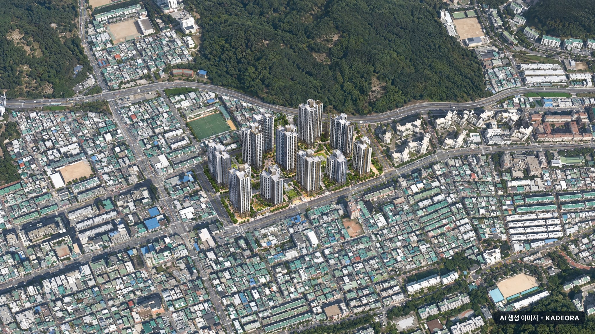 부산 북구 덕천3 재개발 주간 항공 상상도 · AI 생성 이미지로 실제와 다를 수 있음 부산 북구 덕천3 재개발 조감도 AI 상상도(주간 항공) — 부산 북구 부지계획 1,599세대
