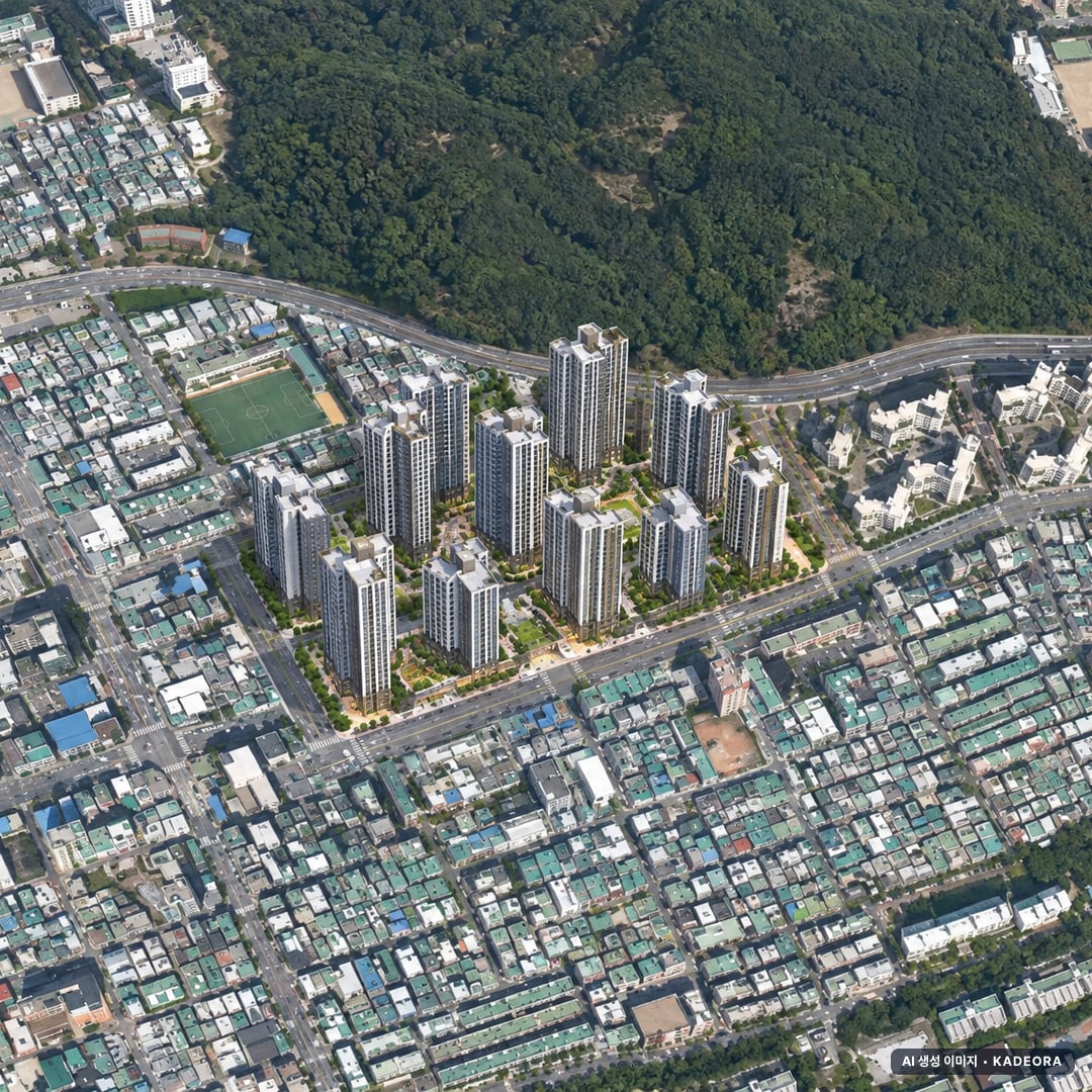 부산 북구 덕천3 재개발 조감도 AI 상상도(주간 항공) — 부산 북구 부지계획 1,599세대