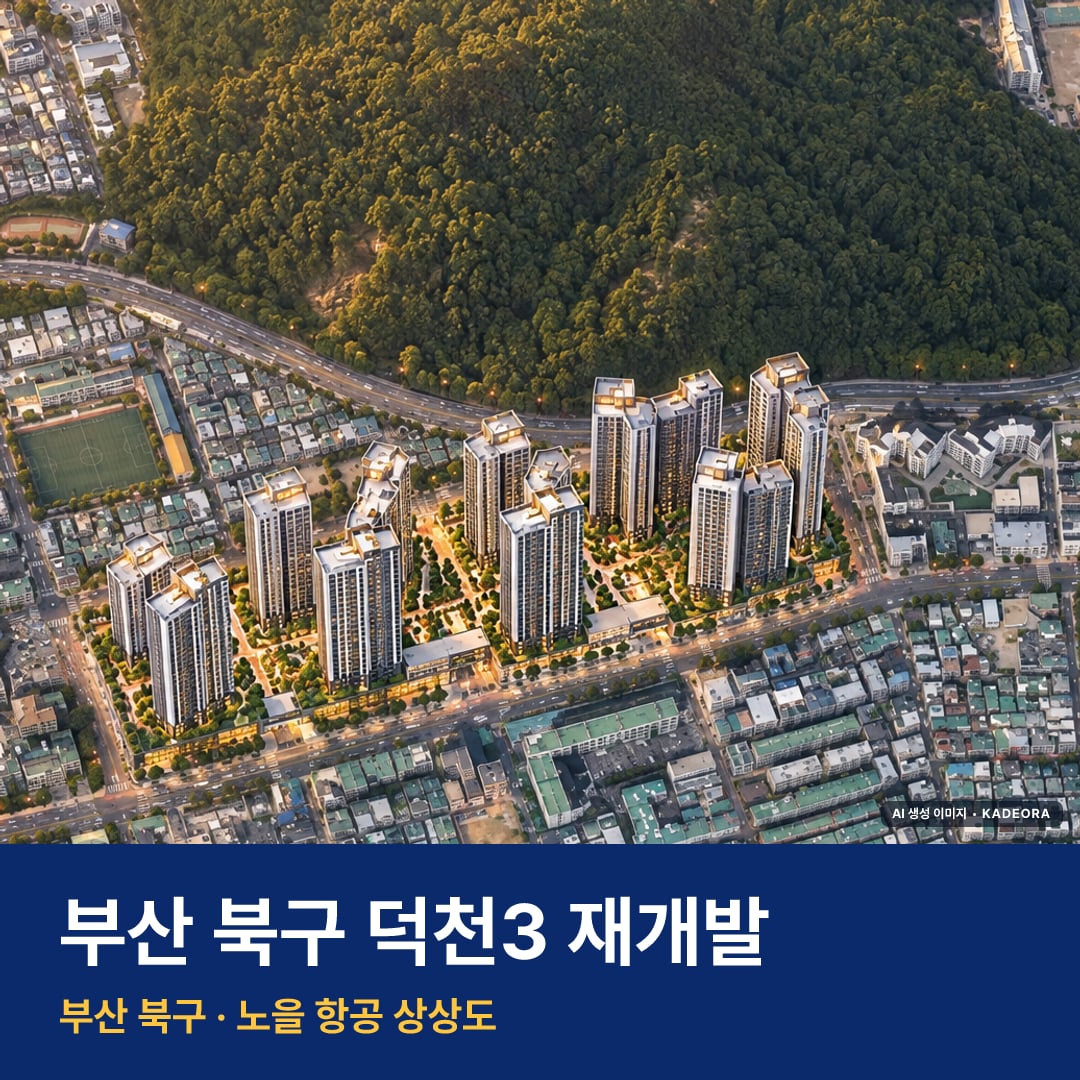 덕천3 재개발 덕천3 재개발 단지 전경 AI 상상도 — 북구 덕천동 1,599세대 — AI 생성 상상도 · 실제와 다를 수 있음