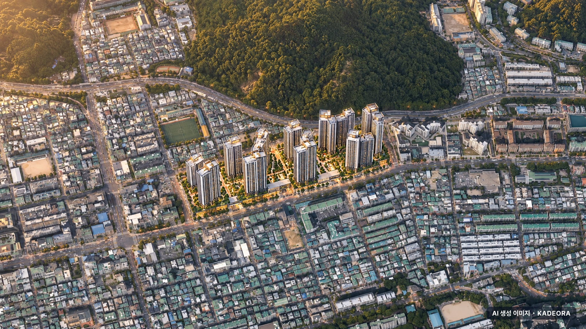 부산 북구 덕천3 재개발 단지 전경 AI 상상도(노을 항공) — 부산 북구 부지계획 1,599세대