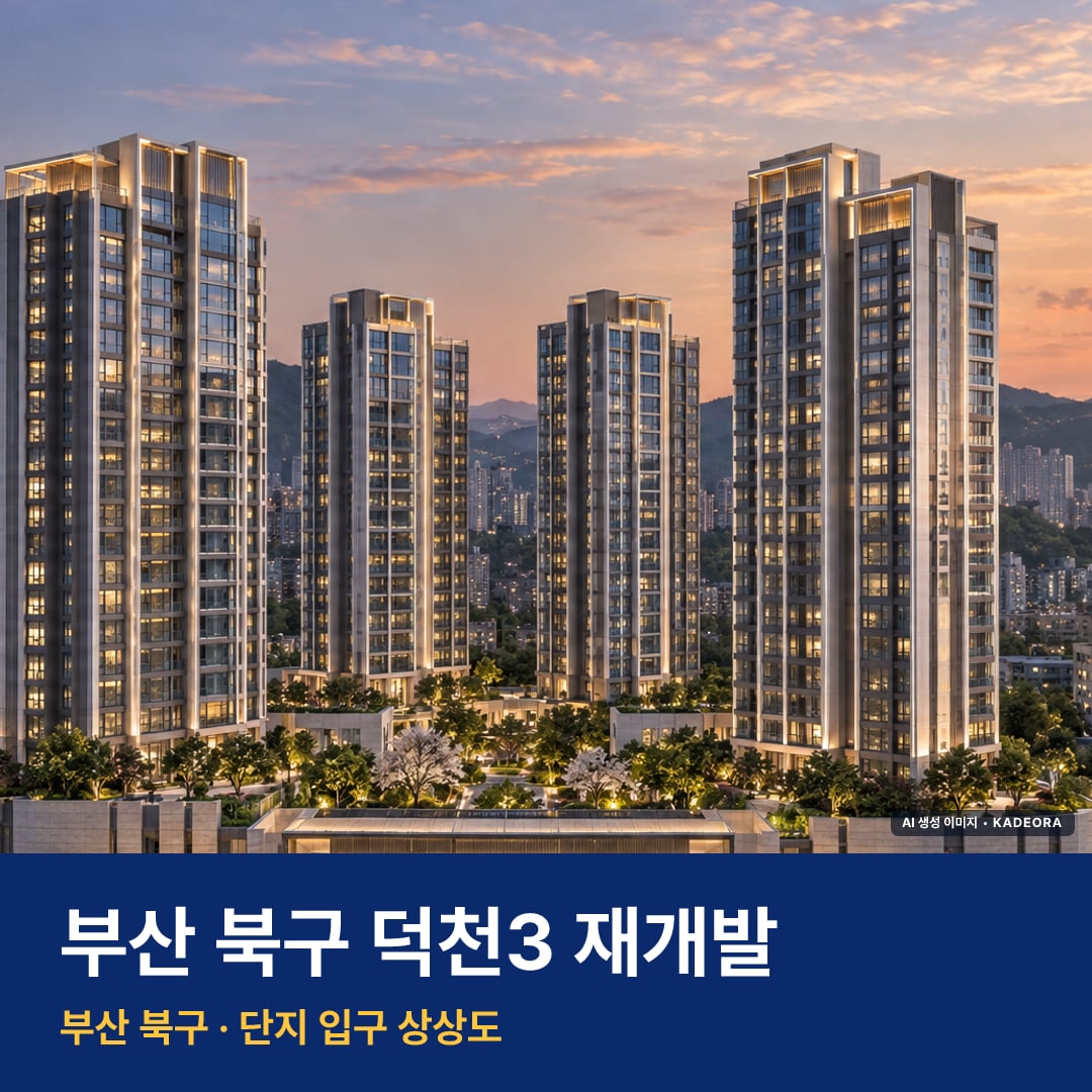 덕천3 재개발 덕천3 재개발 단지 전경 AI 상상도 — 북구 덕천동 1,599세대 — AI 생성 상상도 · 실제와 다를 수 있음