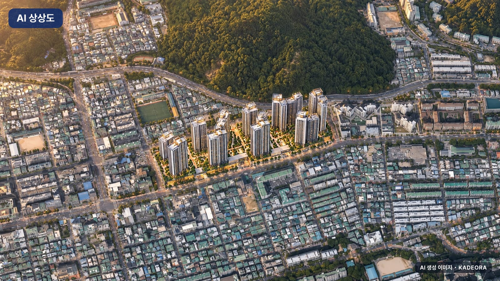부산 북구 덕천3 재개발 단지 전경 AI 상상도(노을 항공) — 부산 북구 부지계획 1,599세대