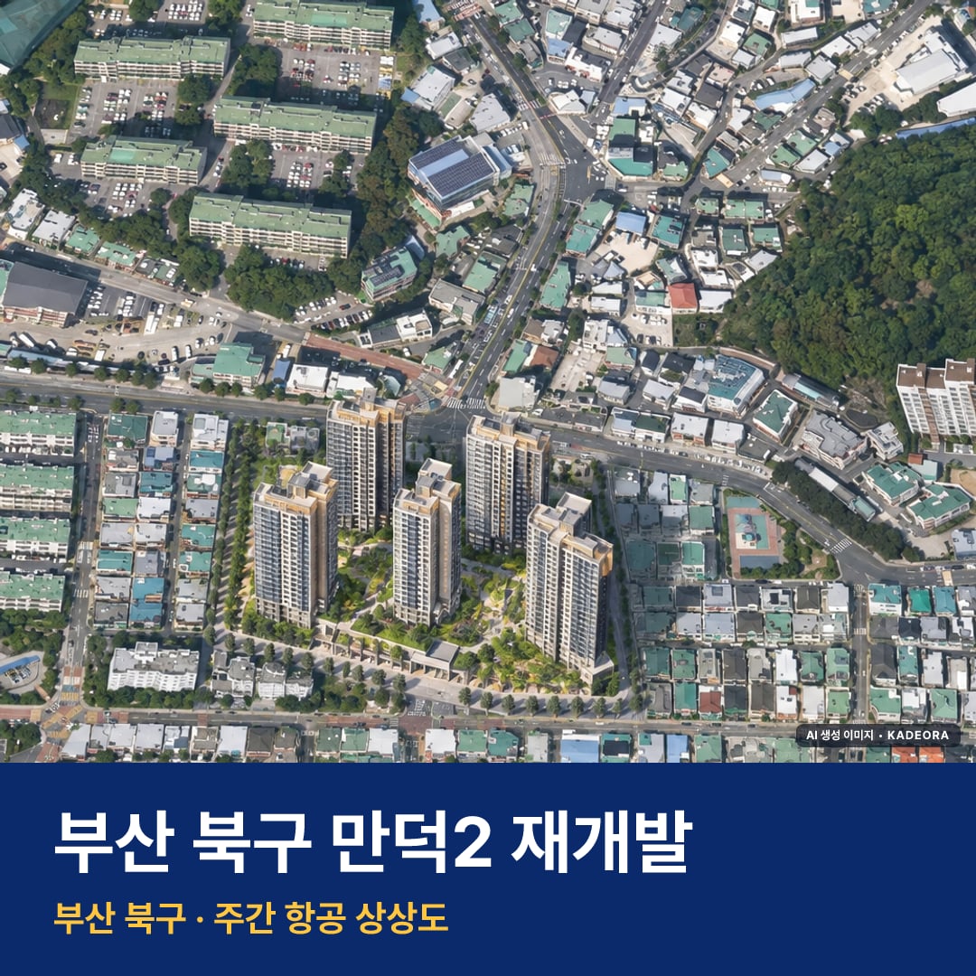 상상도 · AI 생성 이미지로 실제와 다를 수 있음 만덕2 재개발 만덕2 재개발 단지 전경 AI 상상도 — 북구 만덕동 786세대