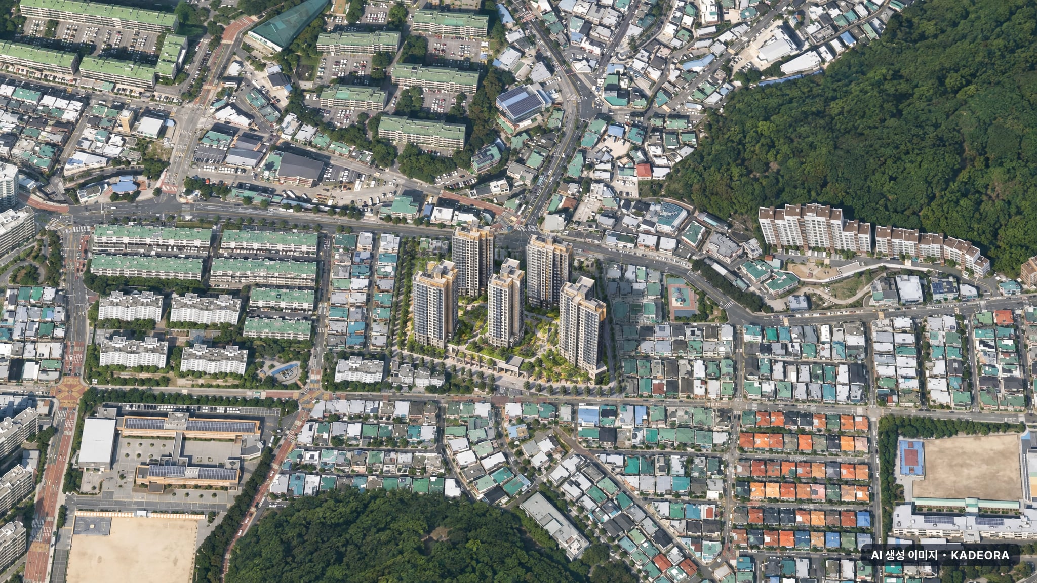 부산 북구 만덕2 재개발 주간 항공 상상도 · AI 생성 이미지로 실제와 다를 수 있음 부산 북구 만덕2 재개발 조감도 AI 상상도(주간 항공) — 부산 북구 부지계획 786세대
