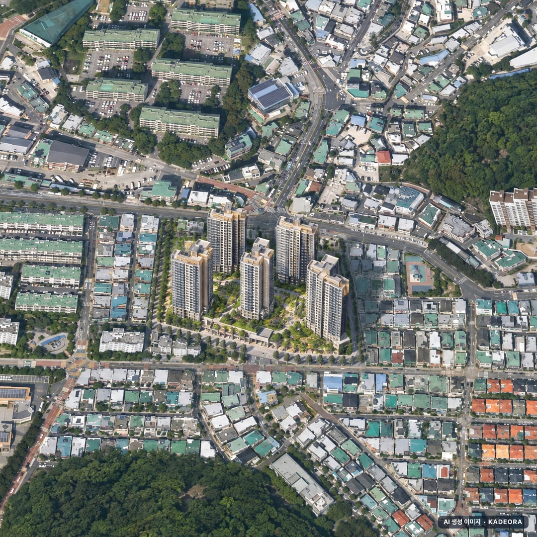 부산 북구 만덕2 재개발 조감도 AI 상상도(주간 항공) — 부산 북구 부지계획 786세대