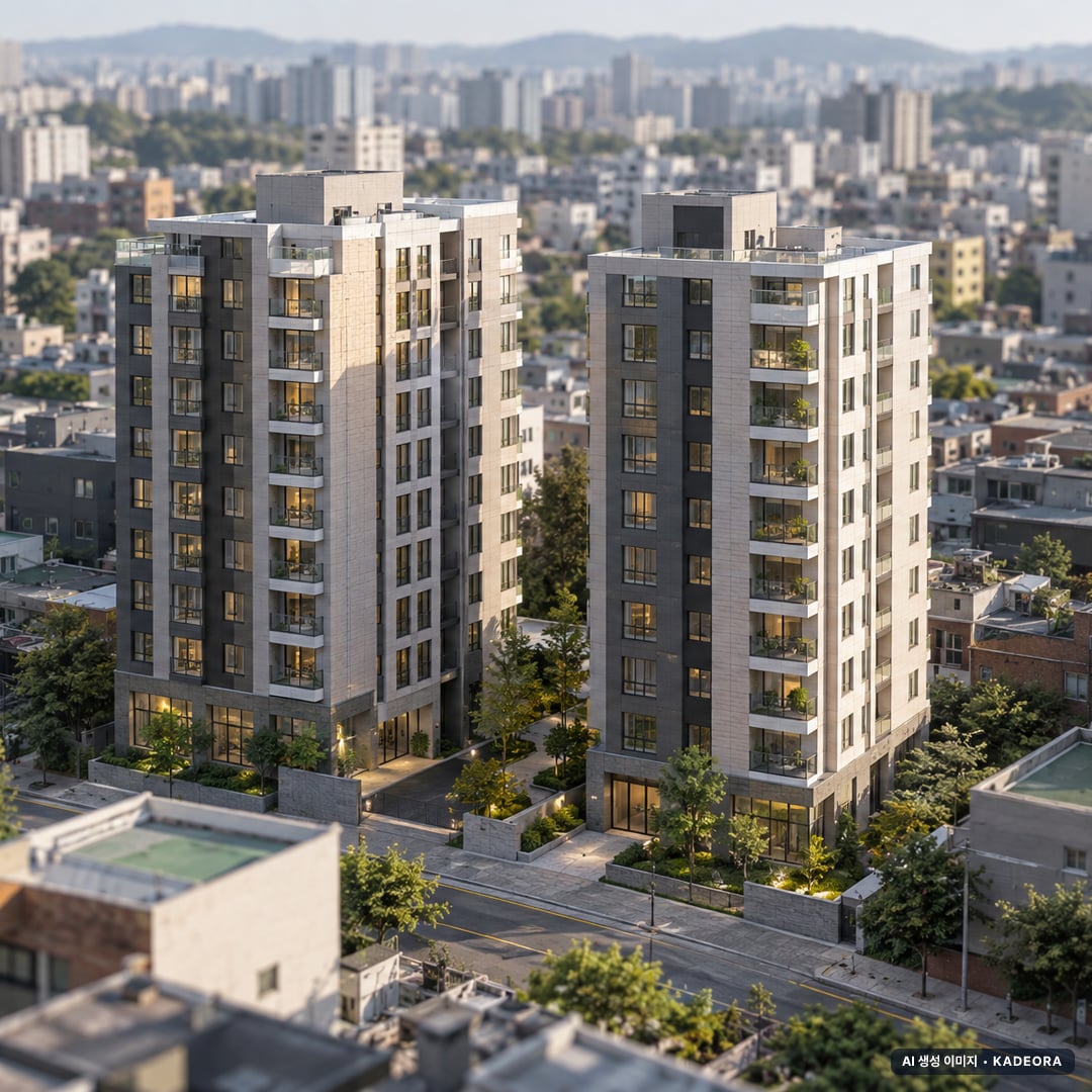 브라운스톤 목동(2차) 2개동·최고 10층·총 85세대(이번 4세대 공급) 기준 AI 상상도(주간 항공) — 실제와 다를 수 있음