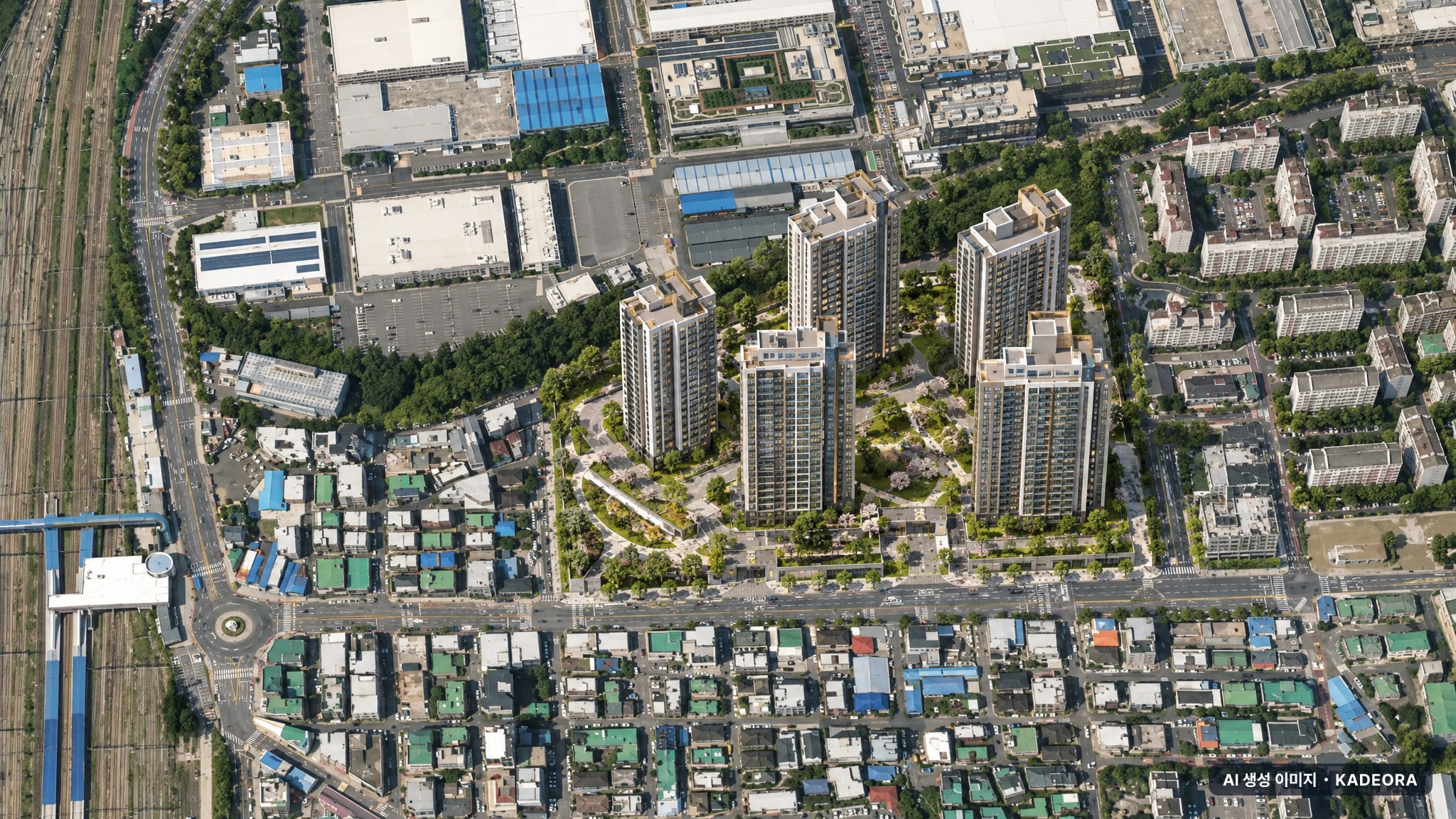 의왕역 SK VIEW 단지 전경 AI 상상도(주간 항공) — 경기 의왕시 착공 820세대