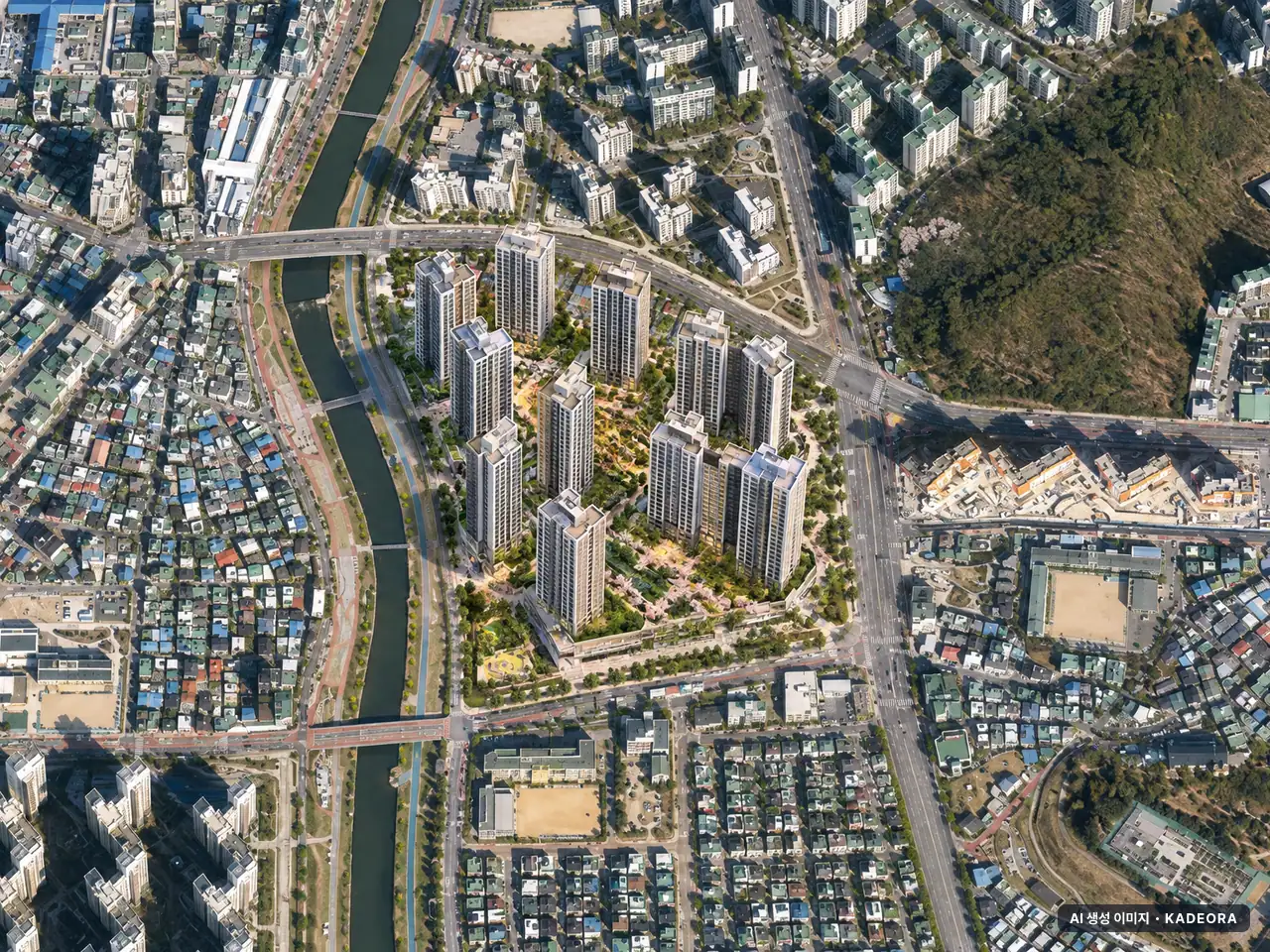 의정부시 장암2구역 총 2,104세대 기준 AI 상상도(주간 항공) — 실제와 다를 수 있음