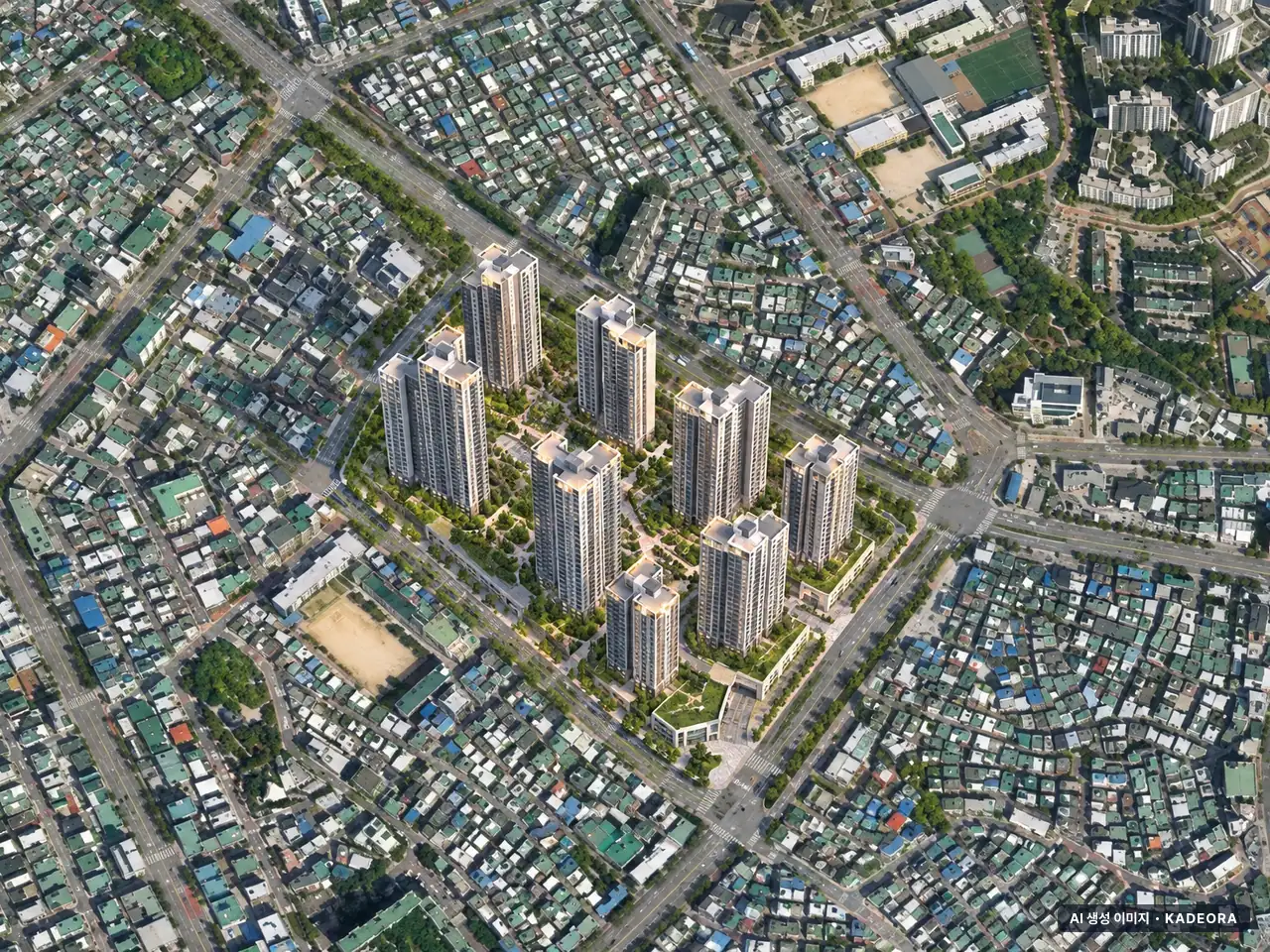 더샵 신길센트럴시티 16개동·최고 35층·총 2,054세대(이번 477세대 공급) 기준 AI 상상도(주간 항공) — 실제와 다를 수 있음