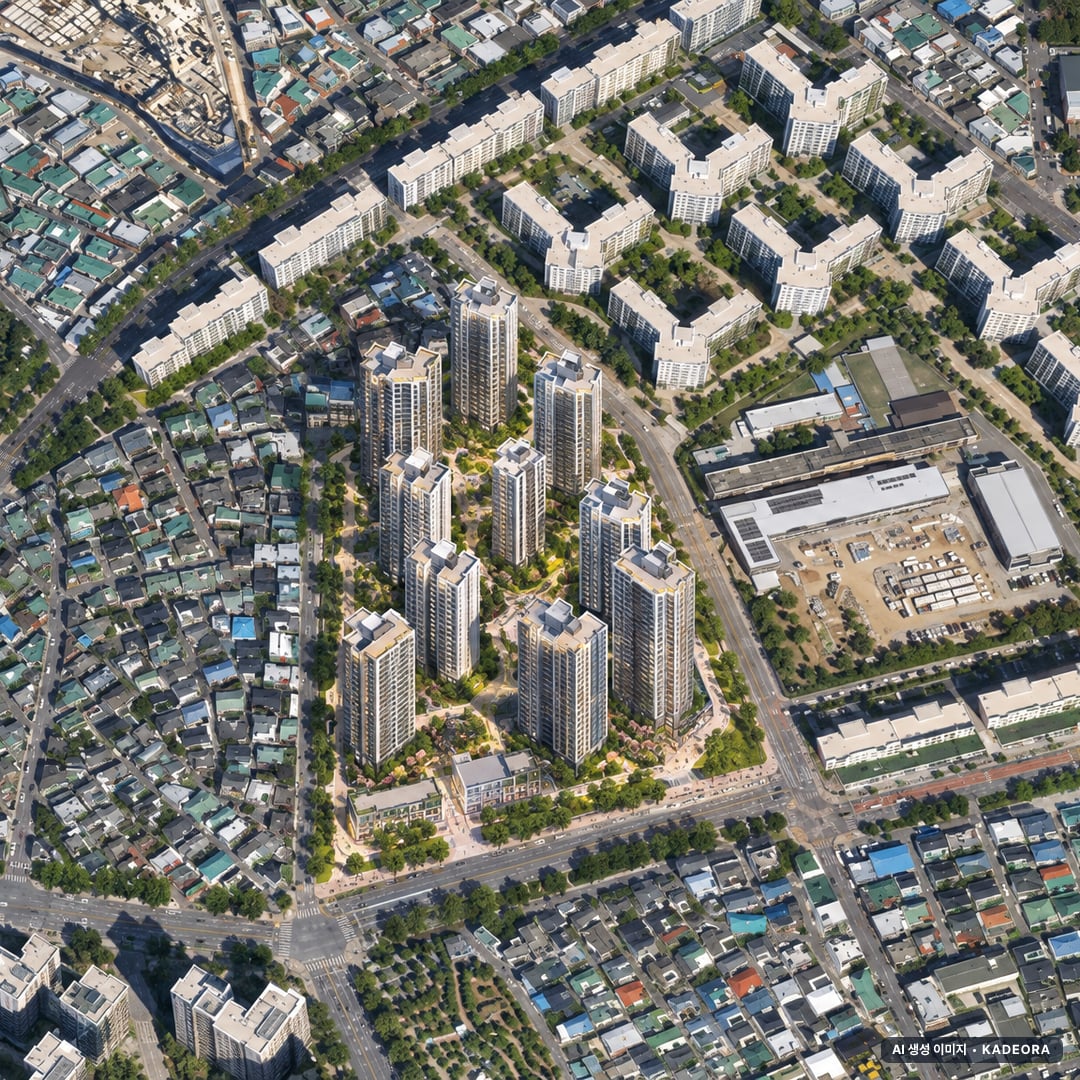 대구 신암9구역 재개발 조감도 AI 상상도(주간 항공) — 대구 동구 시공사 선정 1,226세대