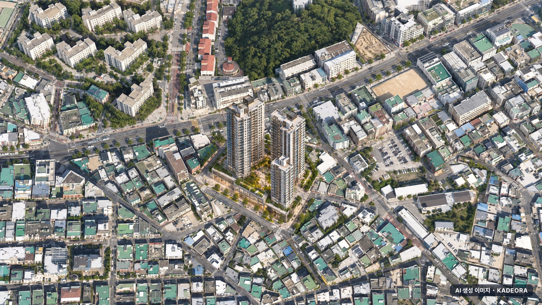대연역 가로주택정비 주간 항공 상상도 · AI 생성 이미지로 실제와 다를 수 있음 대연역 가로주택정비 조감도 AI 상상도(주간 항공) — 부산 남구 사업시행인가 204세대