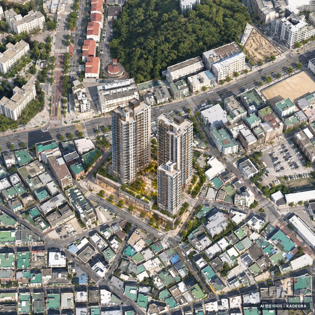 대연역 가로주택정비 조감도 AI 상상도(주간 항공) — 부산 남구 사업시행인가 204세대