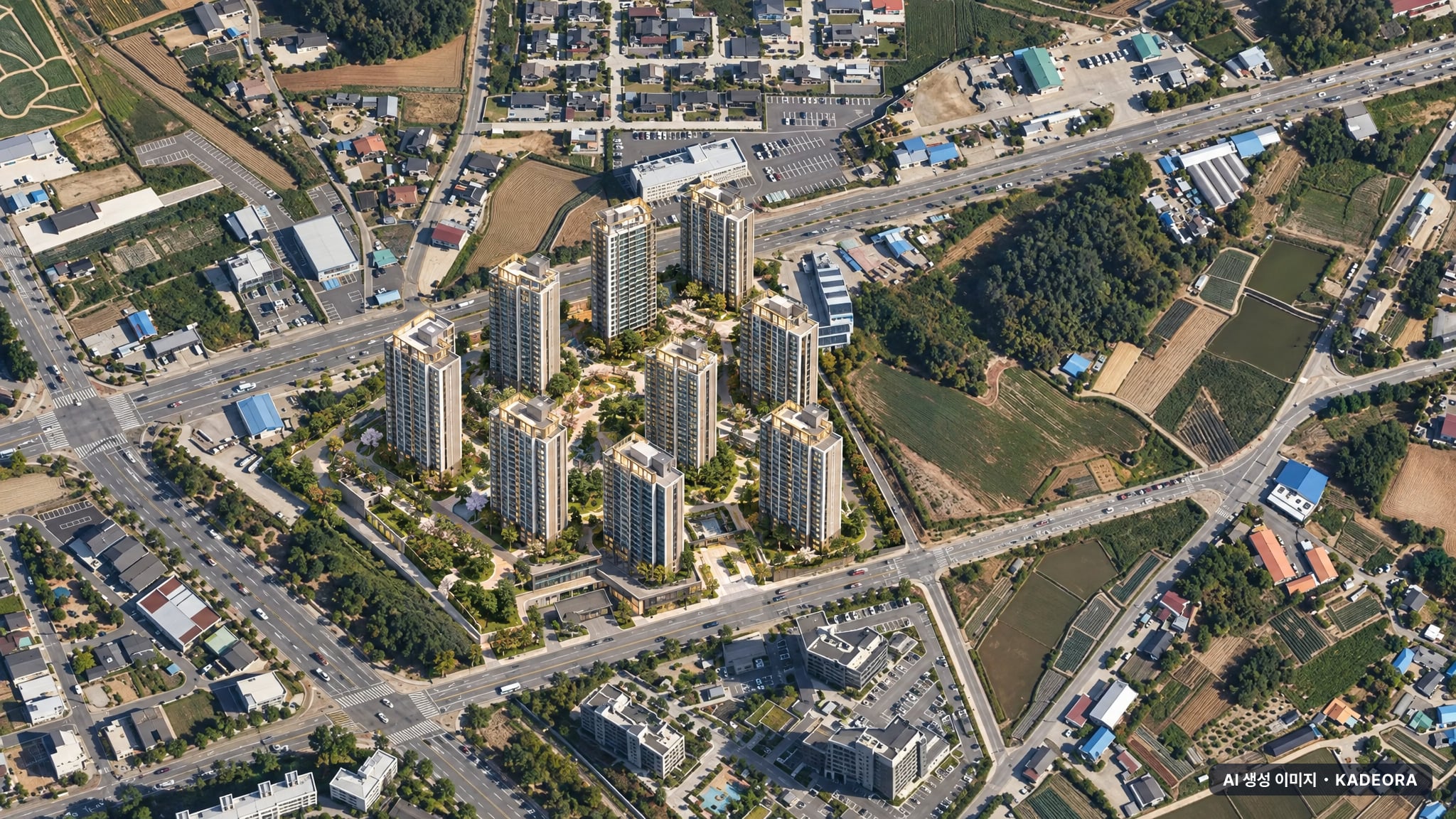 김제 검산 예다음 주간 항공 상상도 · AI 생성 이미지로 실제와 다를 수 있음 김제 검산 예다음 단지 전경 AI 상상도(주간 항공) — 전북 김제시 착공 648세대