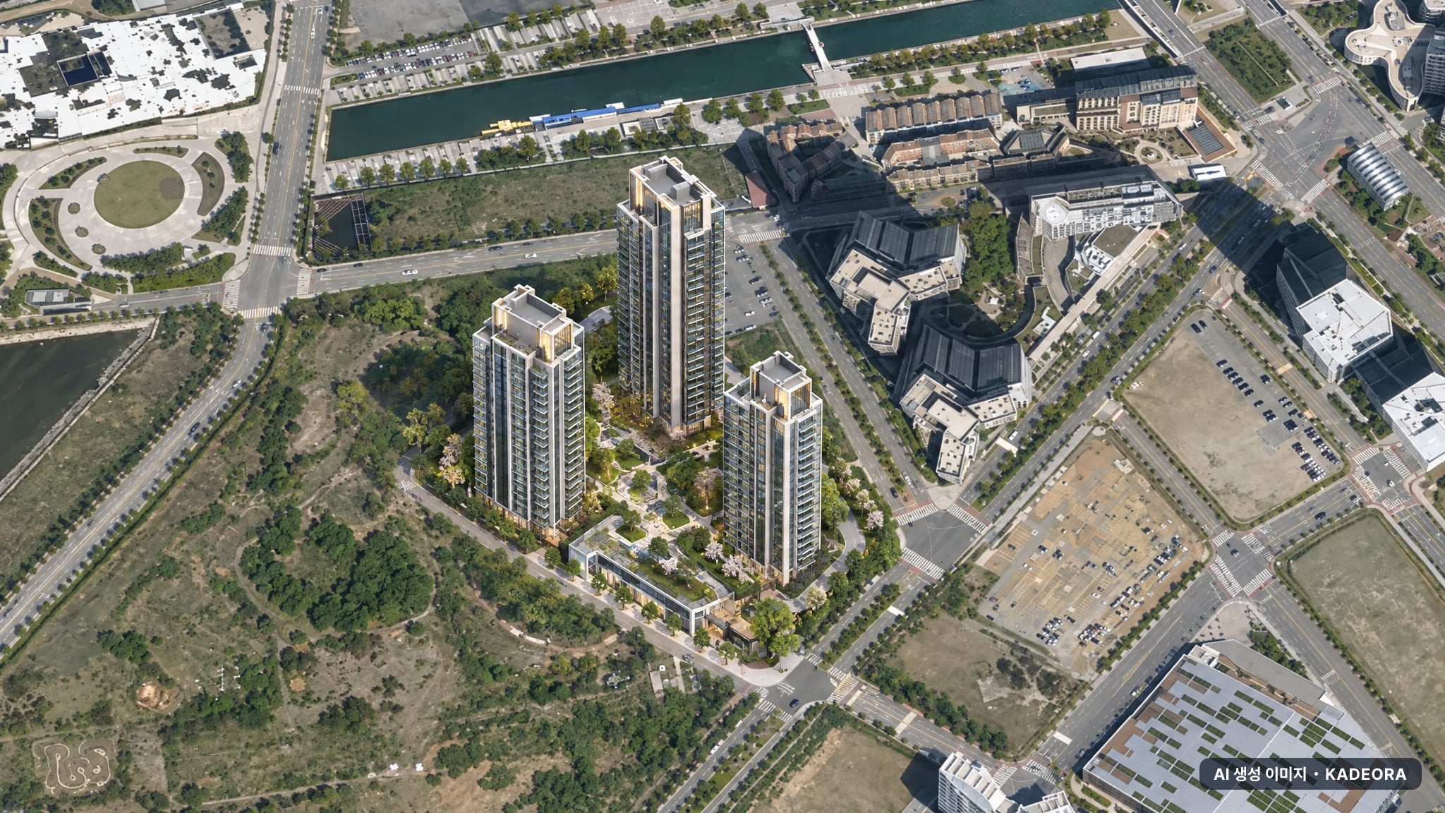더샵 송도그란테르 G5-6블록 단지 전경 AI 상상도(주간 항공) — 인천 연수구 착공 100세대