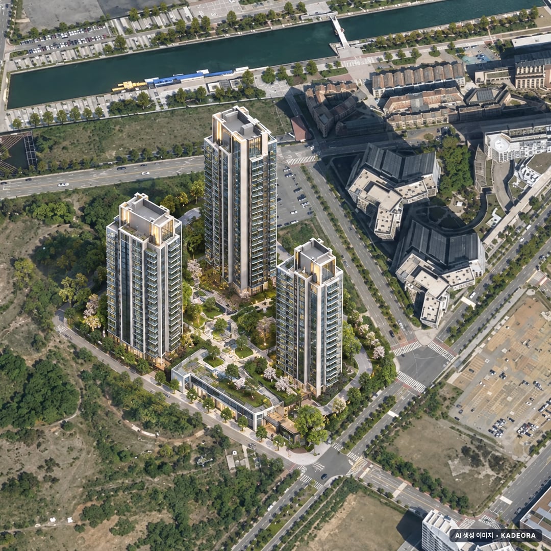더샵 송도그란테르 G5-6블록 단지 전경 AI 상상도(주간 항공) — 인천 연수구 착공 100세대