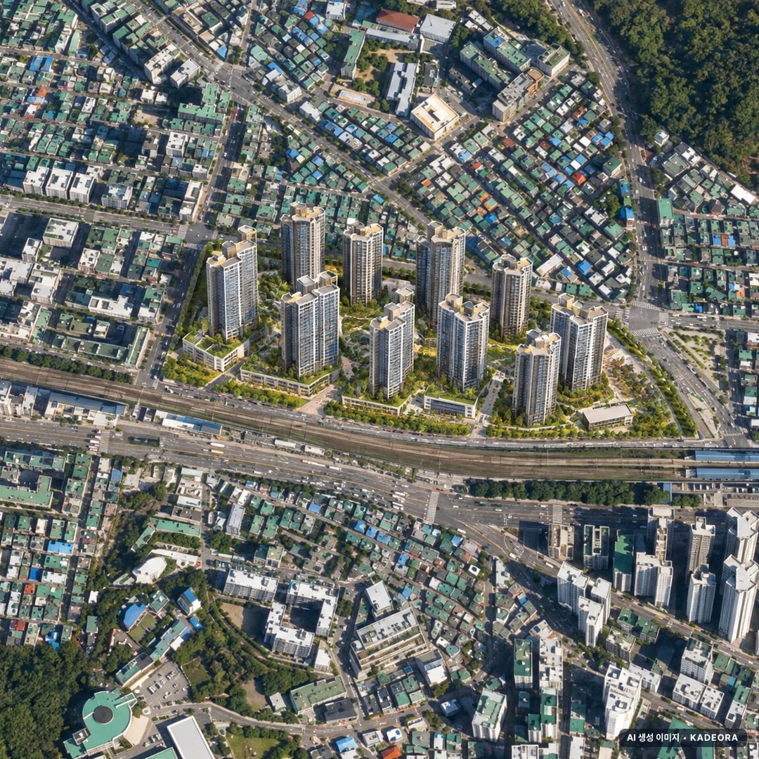 부천시 소사본1-1 조감도 AI 상상도(주간 항공) — 경기 부천시 관리처분인가 1,584세대