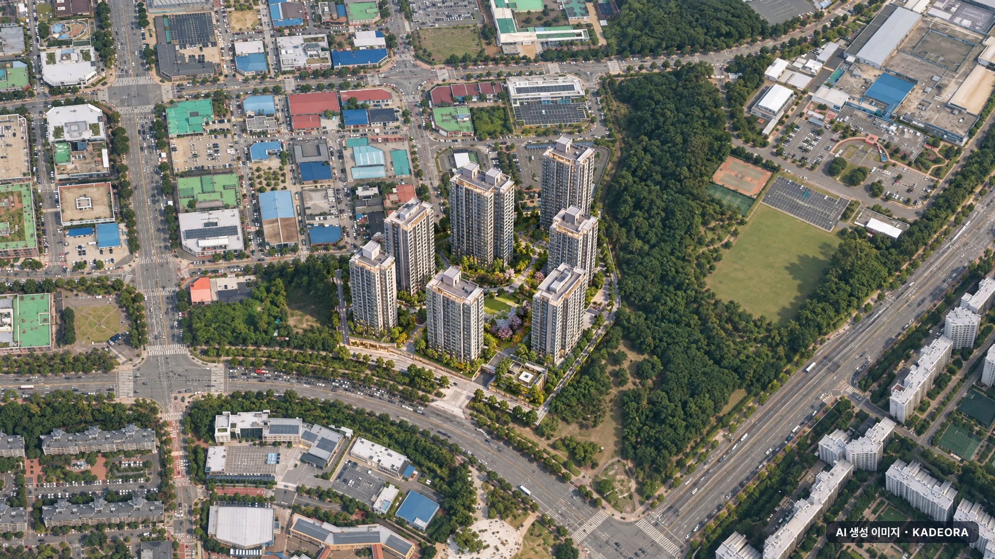 더샵 오창프레스티지 주간 항공 상상도 · AI 생성 이미지로 실제와 다를 수 있음 더샵 오창프레스티지 단지 전경 AI 상상도(주간 항공) — 충북 청주시 착공 644세대