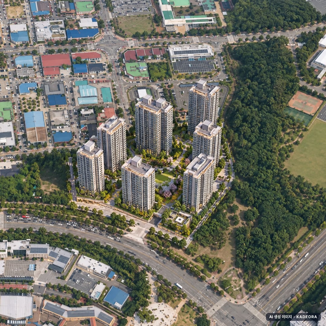 더샵 오창프레스티지 단지 전경 AI 상상도(주간 항공) — 충북 청주시 착공 644세대