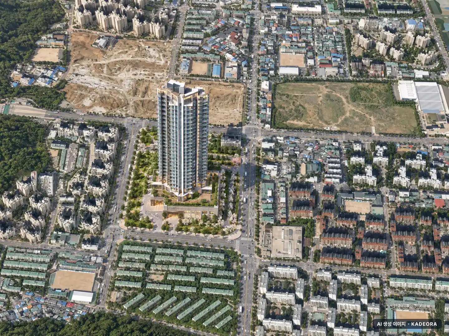 해링턴 스퀘어 산곡역 14개동·총 2,475세대(이번 1,248세대 공급) 기준 AI 상상도(주간 항공) — 실제와 다를 수 있음