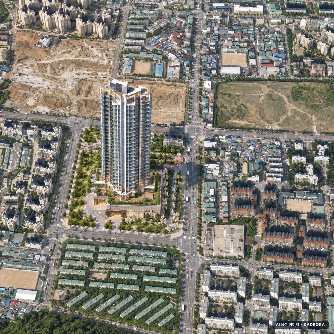 해링턴 스퀘어 산곡역 단지 전경 AI 상상도(주간 항공) — 인천 부평구 착공 2,475세대