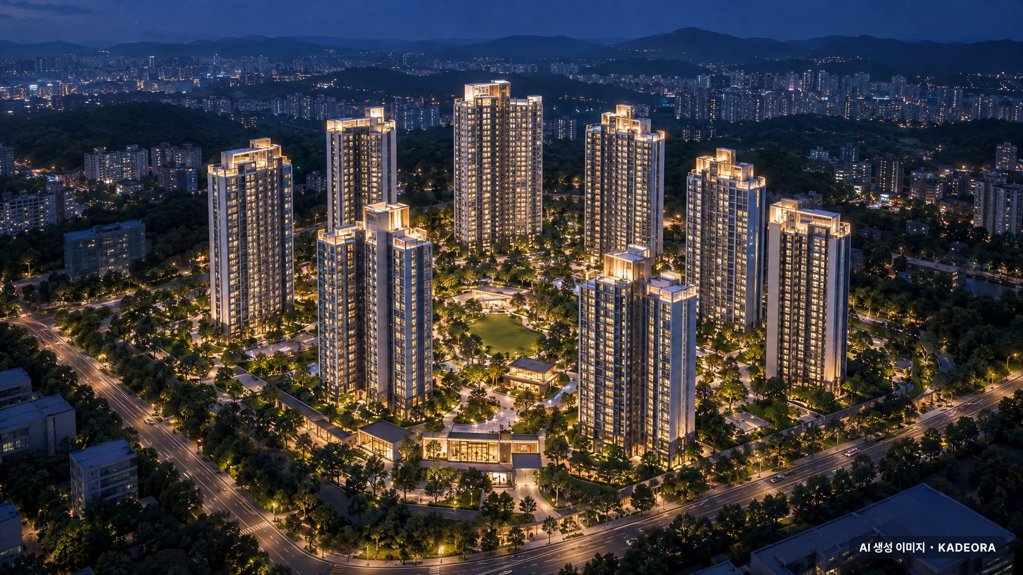 구리역 하이니티 리버파크 최고 35층·총 3,022세대(이번 1,530세대 공급) 기준 AI 상상도(야경) — 실제와 다를 수 있음