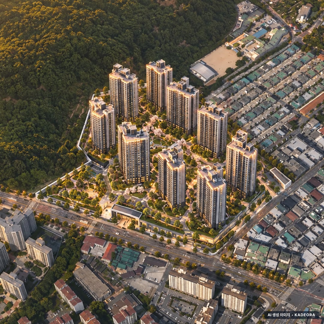 김해 드메인 데시앙(외동주공 재건축) 10개동·총 1,135세대 기준 AI 상상도(노을 항공) — 실제와 다를 수 있음