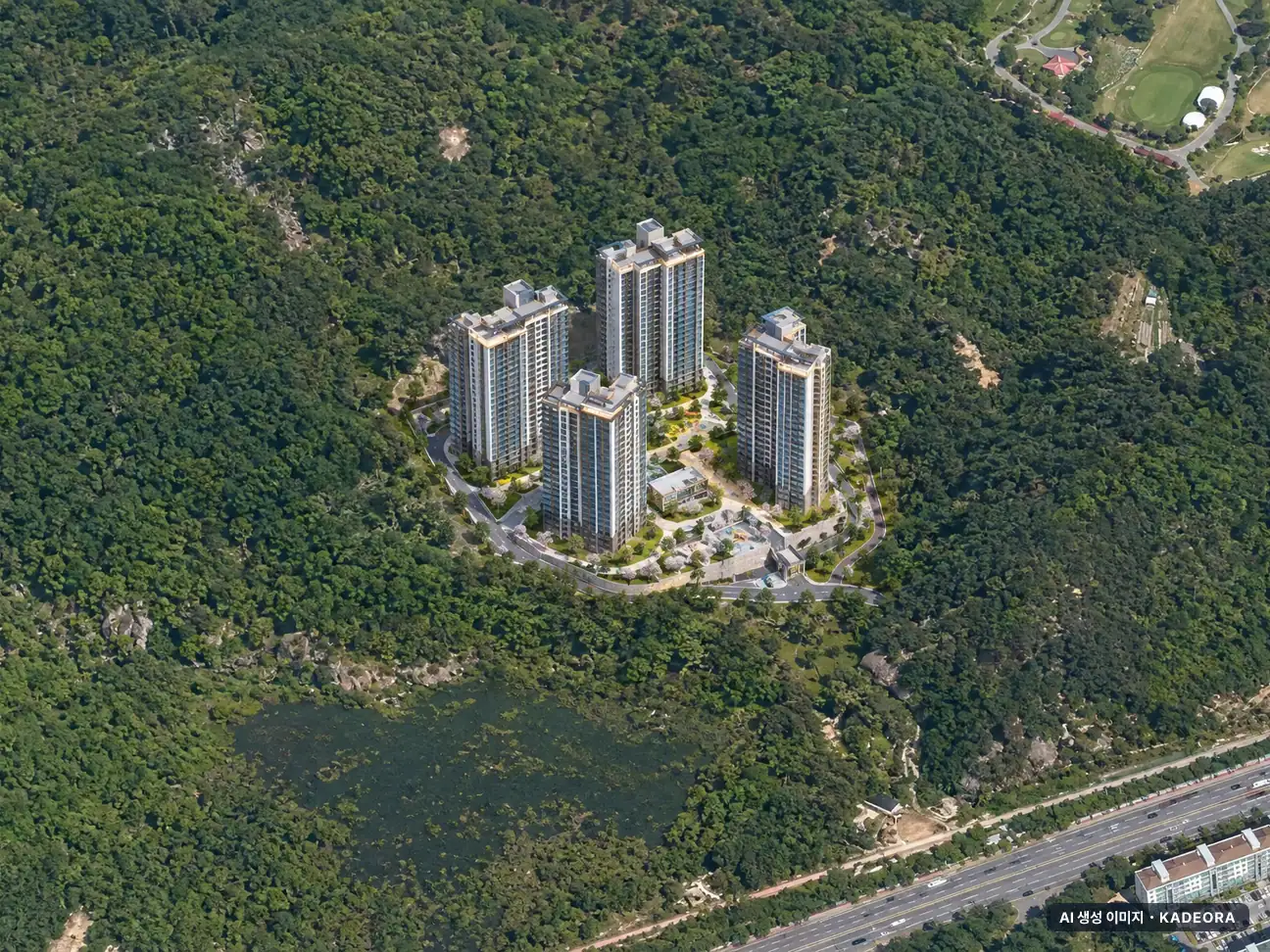 힐스테이트 죽림더프라우드 A4BL(공공분양주택) 이번 341세대 공급 기준 AI 상상도(주간 항공) — 실제와 다를 수 있음