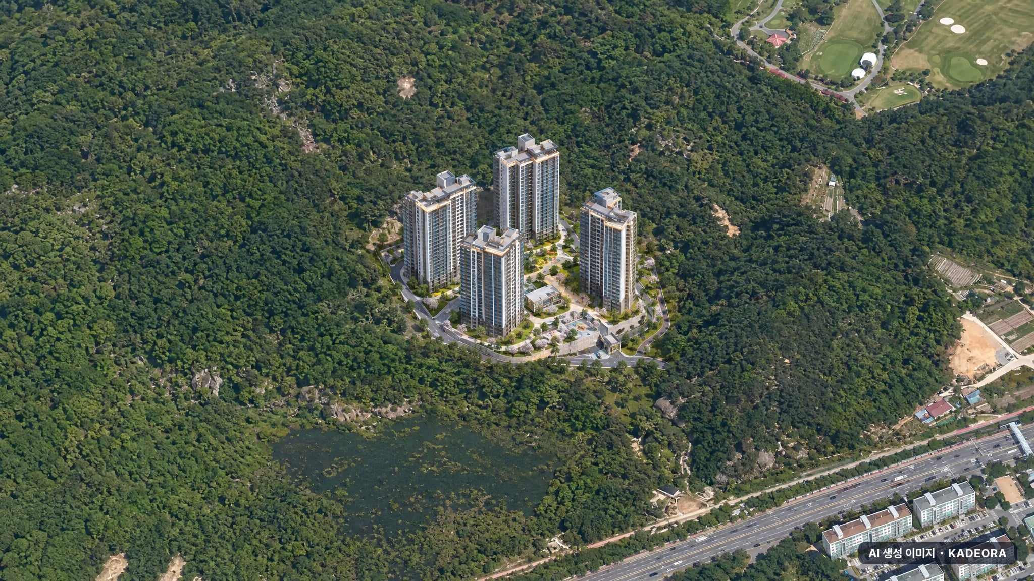 힐스테이트 죽림더프라우드 A4BL(공공분양주택) 주간 항공 상상도 · AI 생성 이미지로 실제와 다를 수 있음 힐스테이트 죽림더프라우드 A4BL(공공분양주택) 단지 전경 AI 상상도(주간 항공) — 전남 여수시 착공 341세대