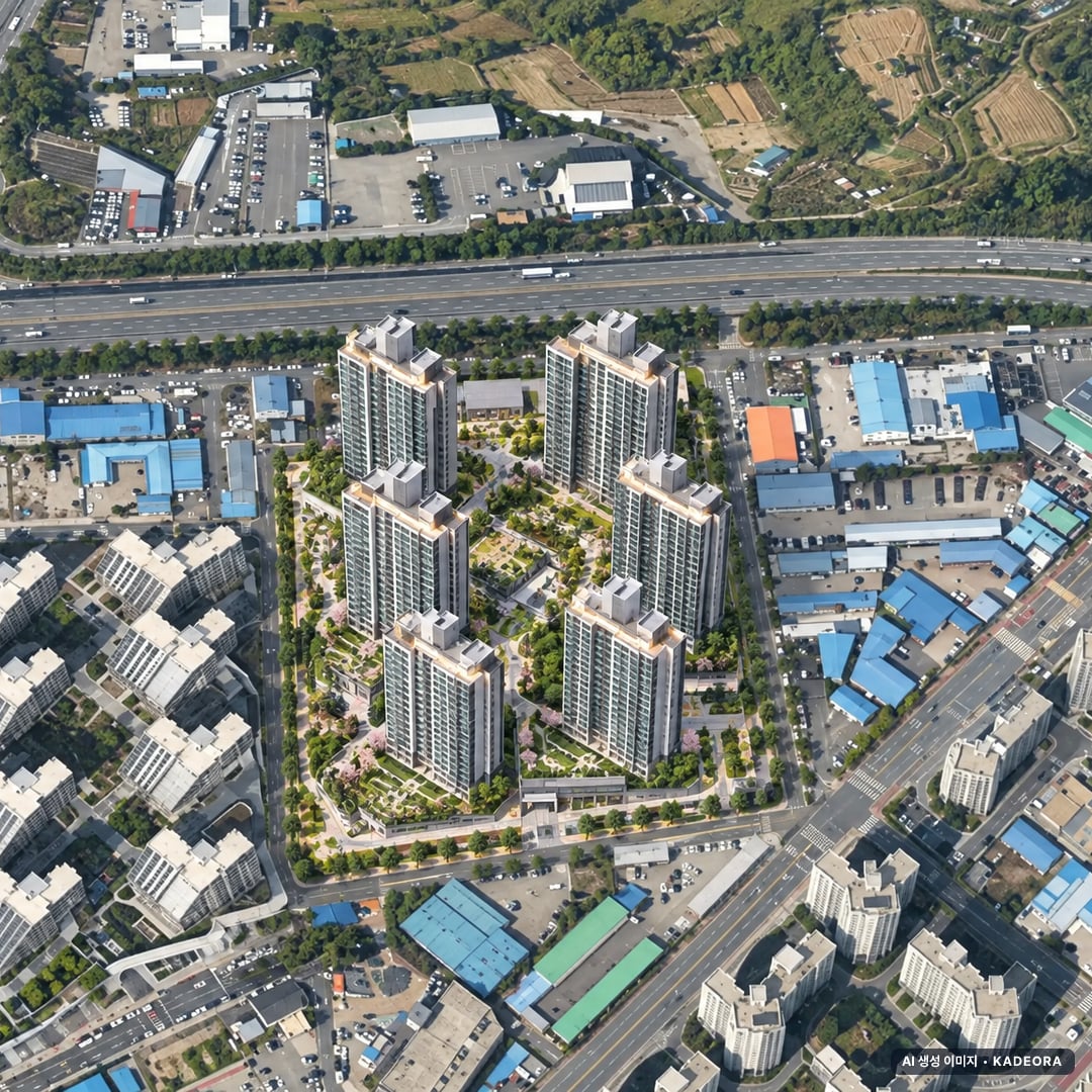 천안 두정역 양우내안애 퍼스트로 단지 전경 AI 상상도(주간 항공) — 충남 천안시 착공 416세대