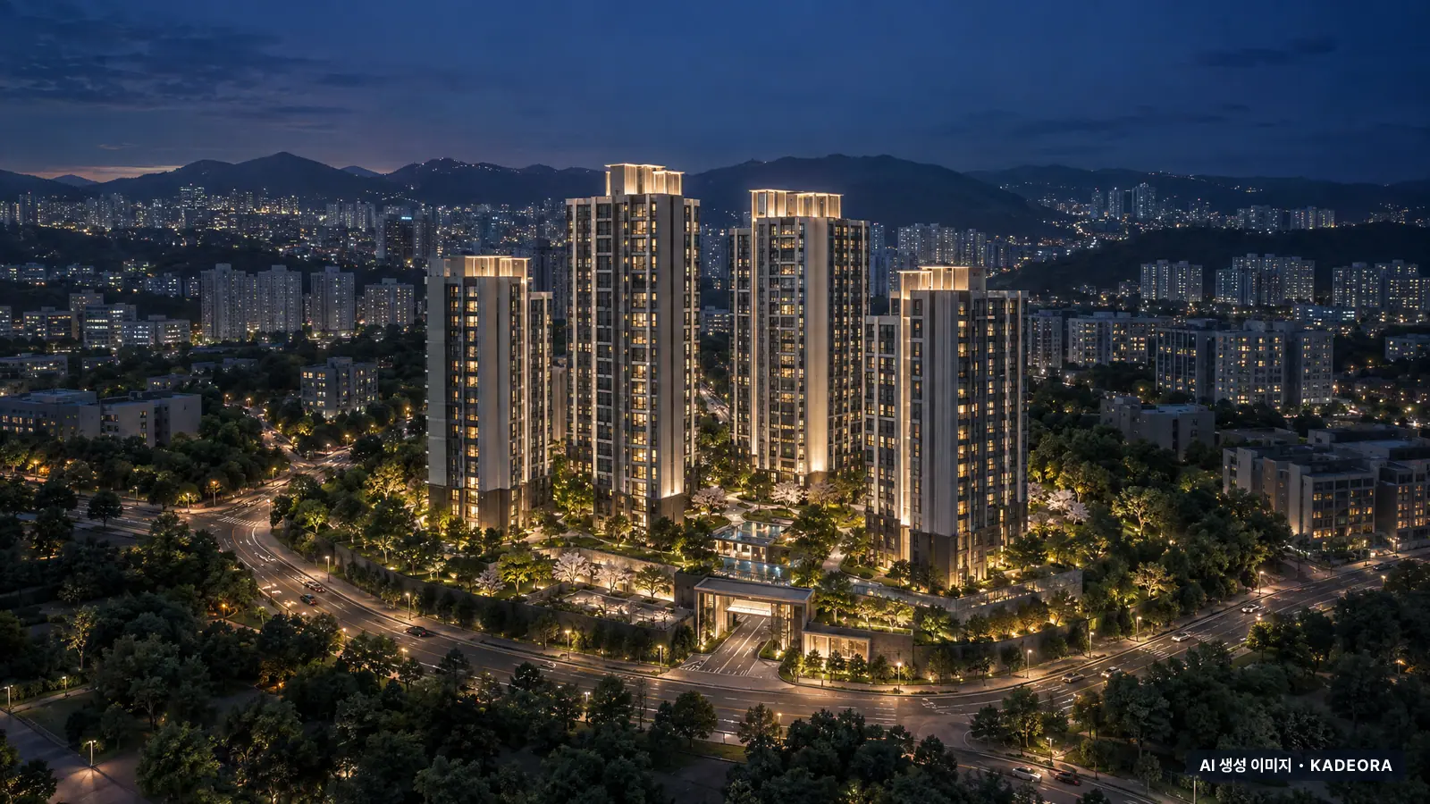에코델타시티 금강펜테리움 에코리버 단지 전경 AI 상상도 — 강서구 강동동 358세대