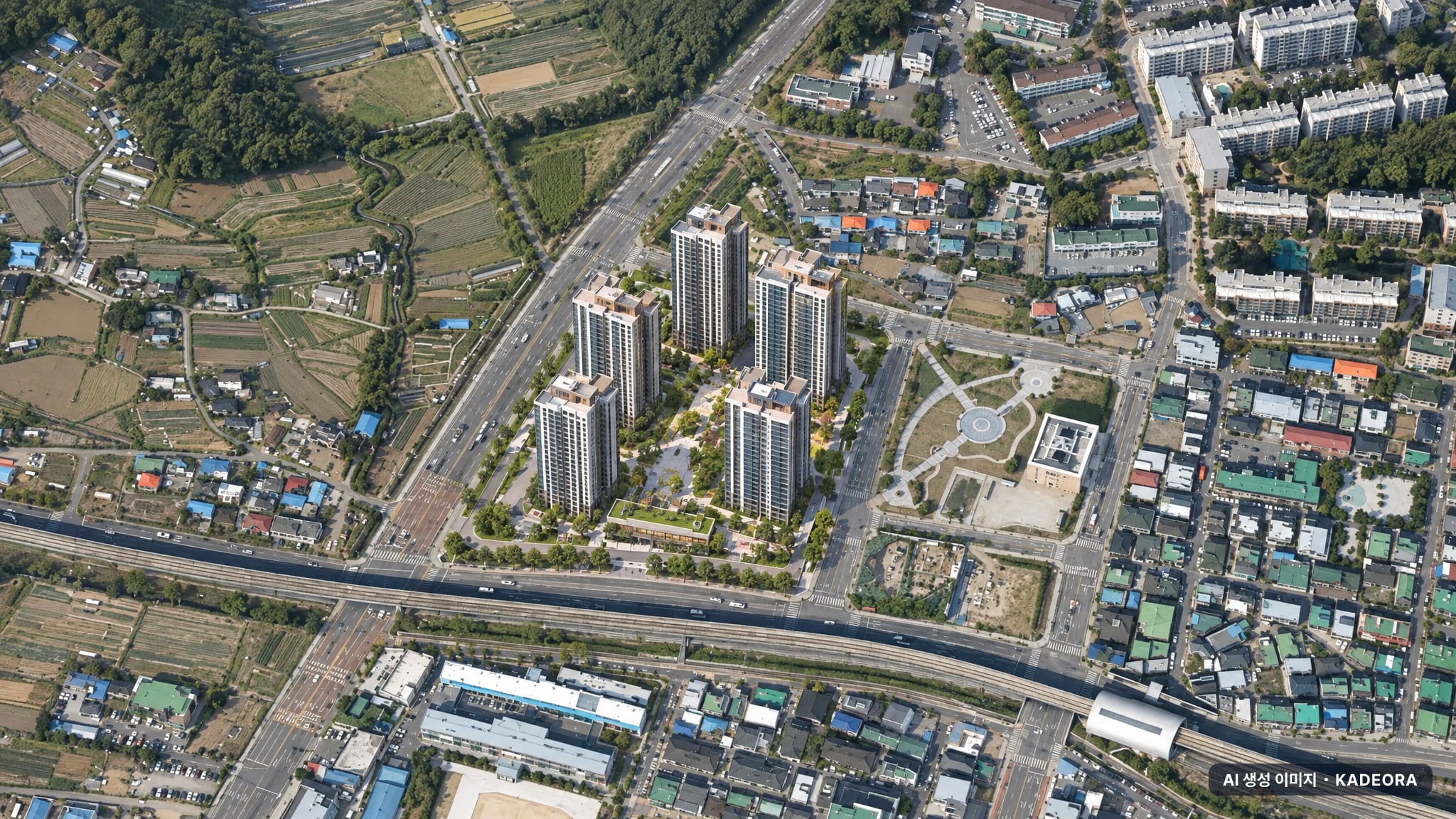 용인 푸르지오 클루센트 단지 전경 AI 상상도(주간 항공) — 경기 용인시 착공 784세대