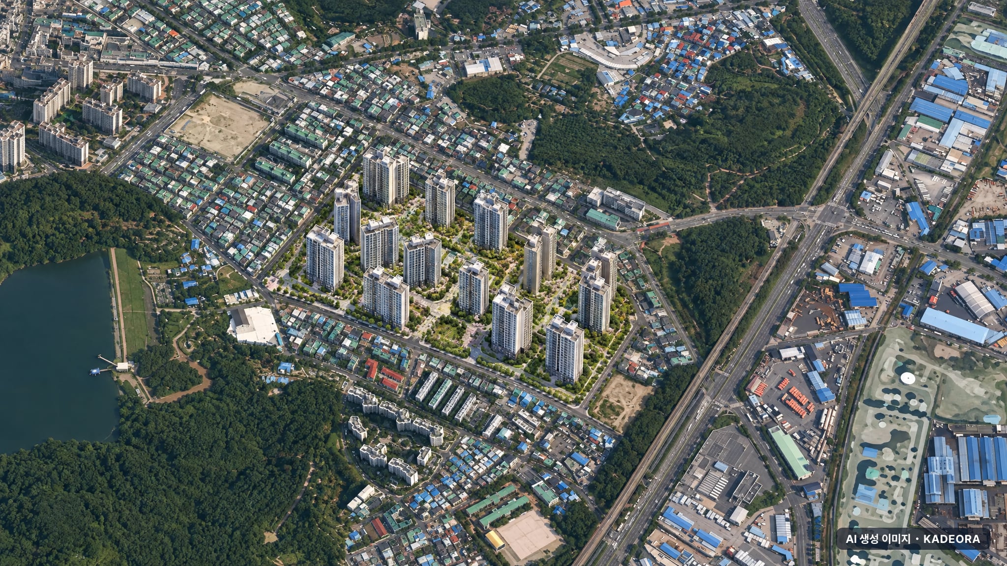 그랑라크 에일린의 뜰 주간 항공 상상도 · AI 생성 이미지로 실제와 다를 수 있음 그랑라크 에일린의 뜰 단지 전경 AI 상상도(주간 항공) — 울산 남구 분양 예고 1,521세대